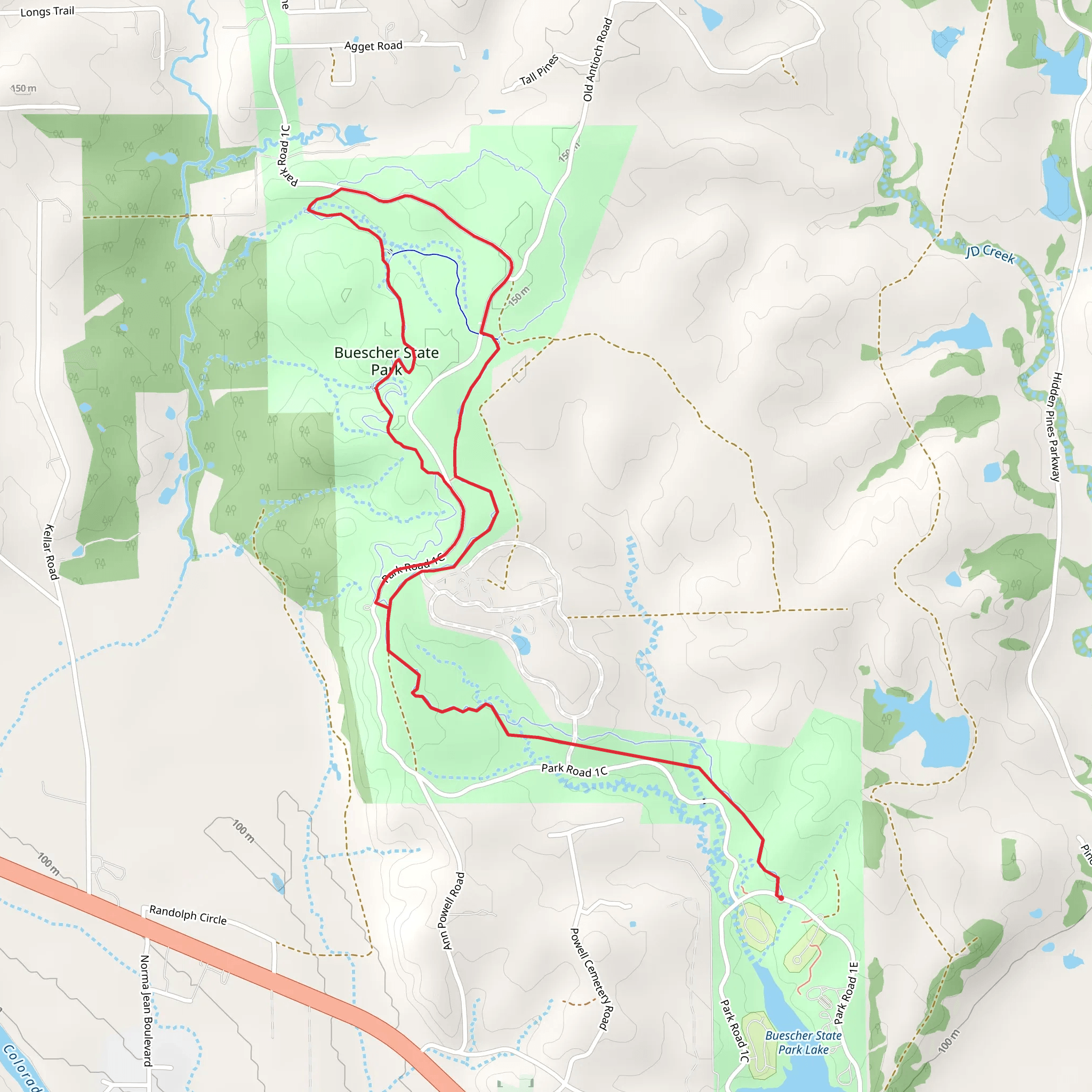 Buescher State Park via Winding Woodland Trail mobile static map