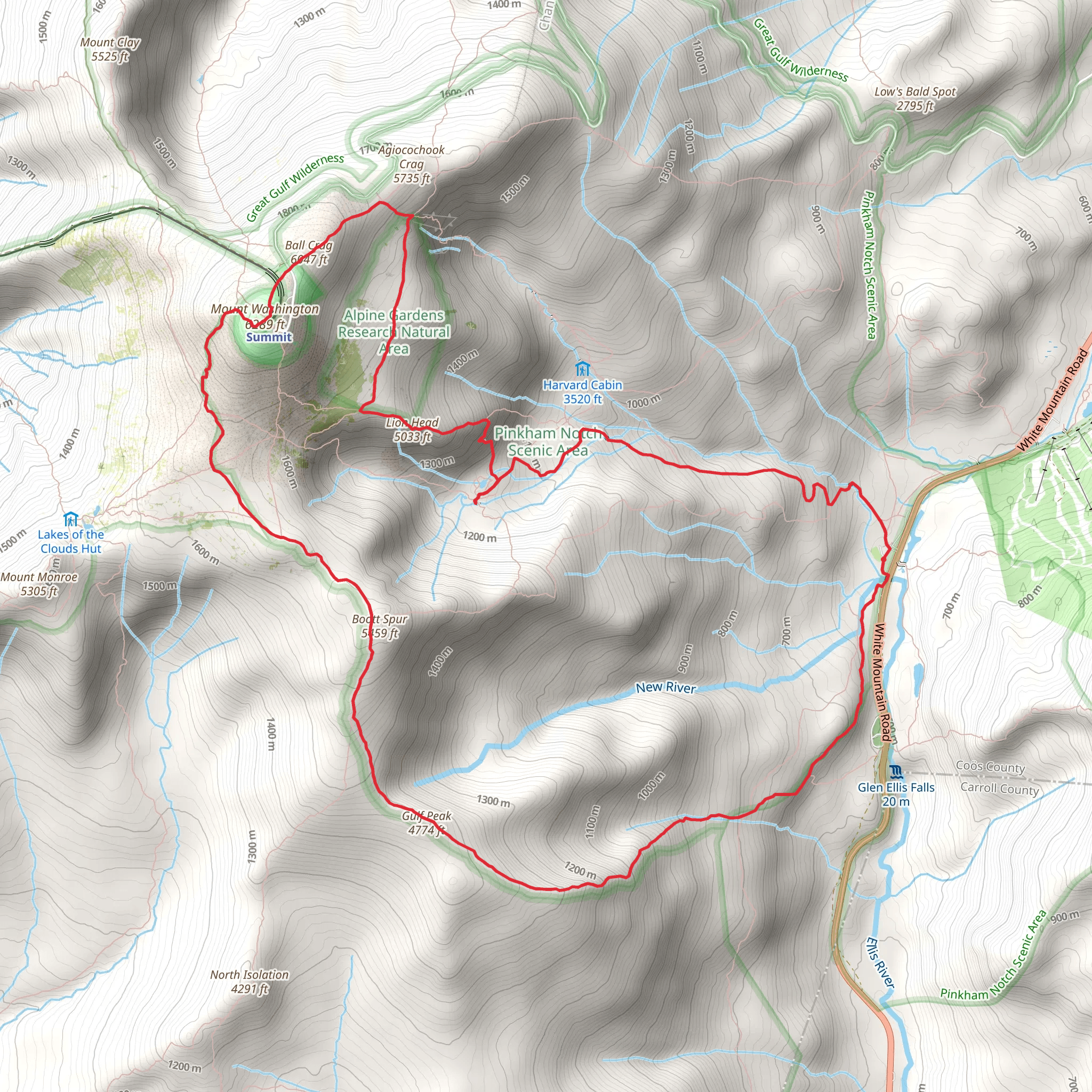 Boott Spur, Mount Washington and Lion Head Loop Trail from Pinkham Notch mobile static map