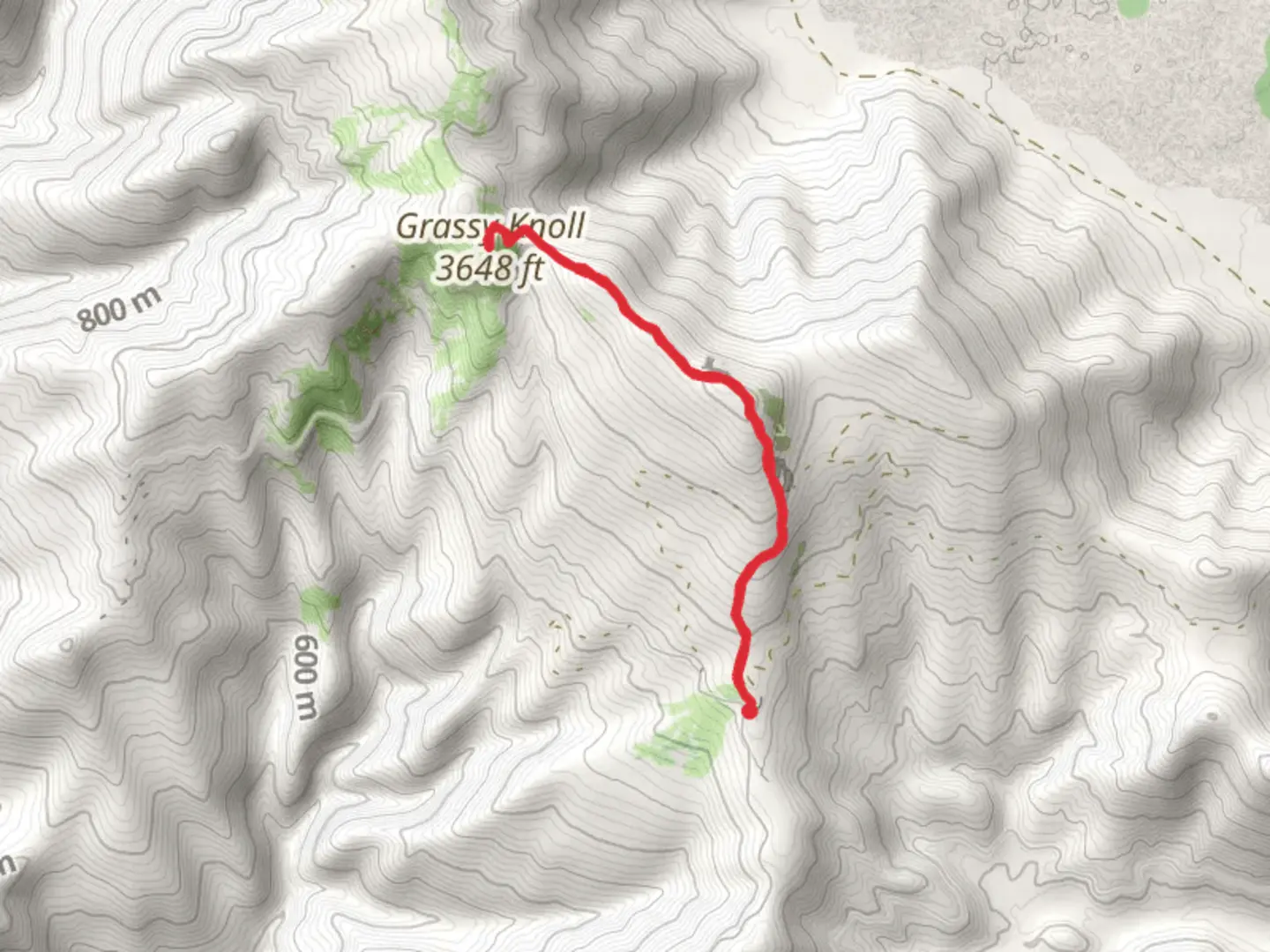 An image depicting the trail Grassy Knoll Out and Back and its surrounding area.