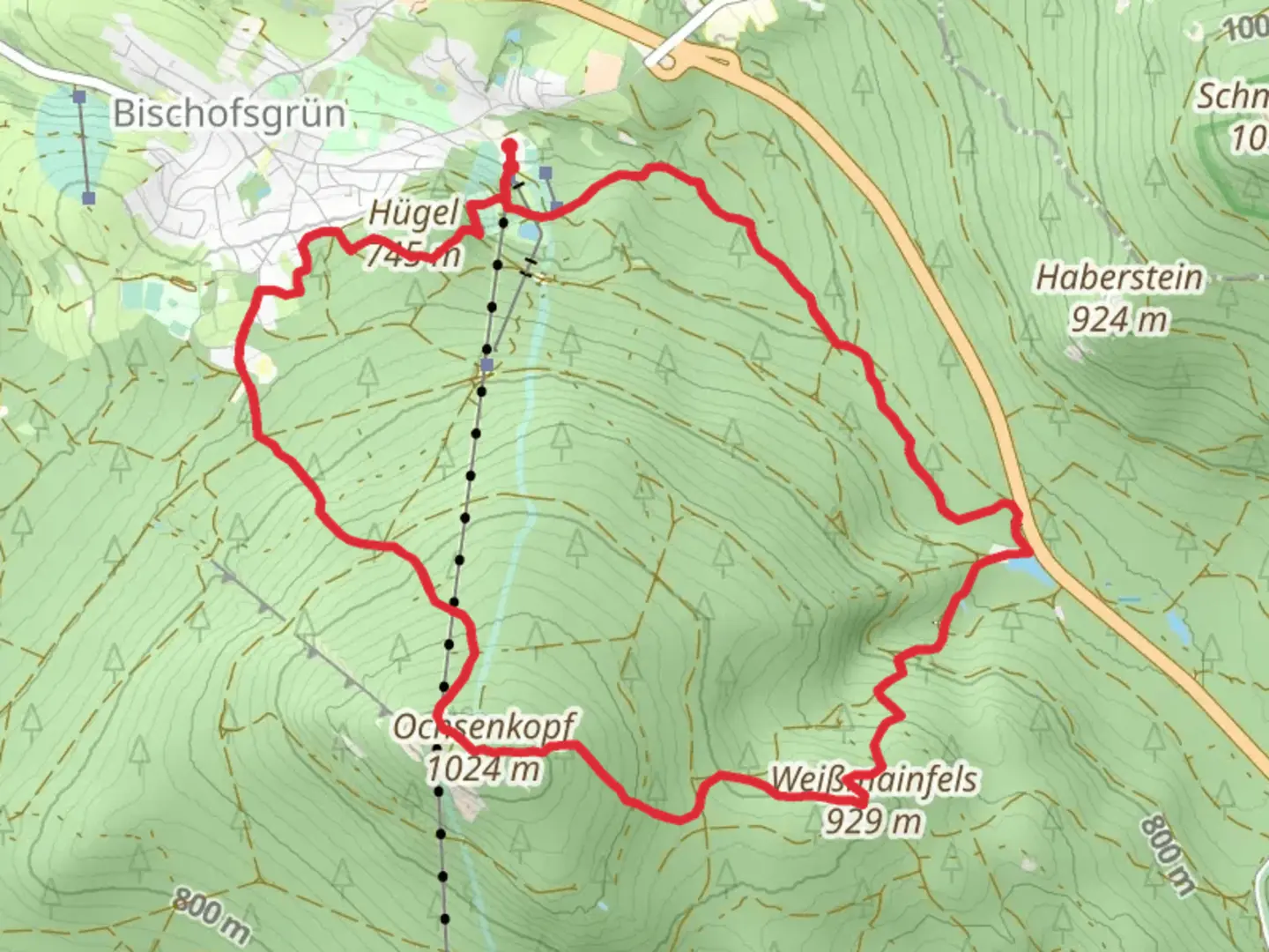 An image depicting the trail Schneeloch, Weissmainfels and Karchessee via Mittelweg and its surrounding area.