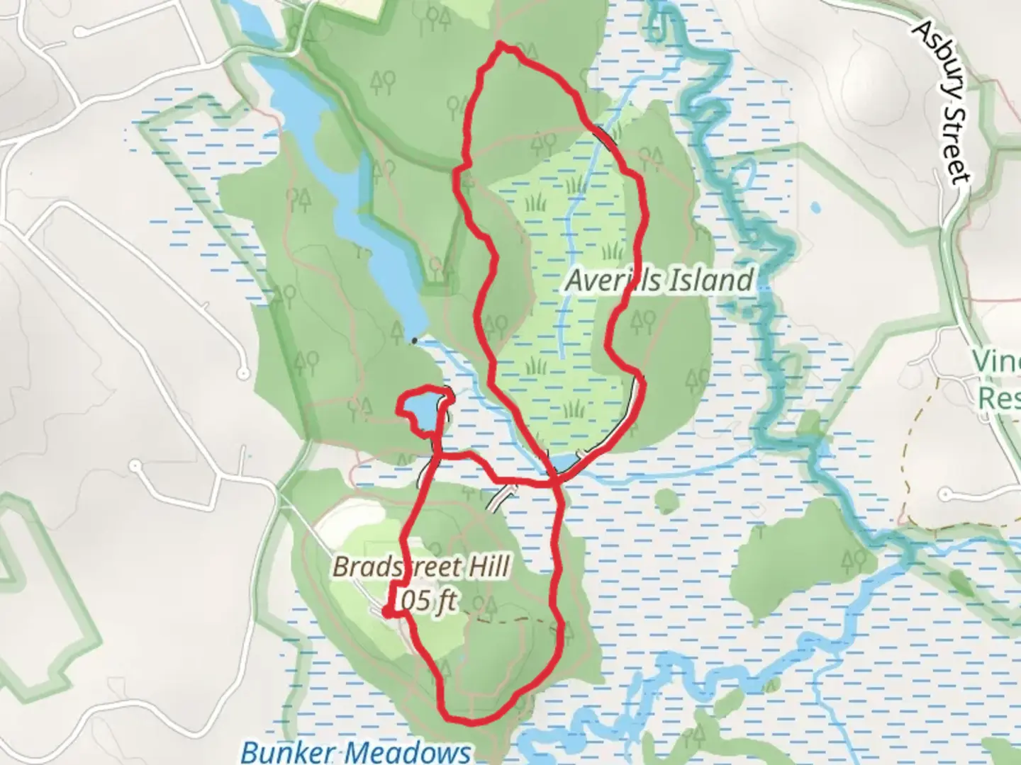 An image depicting the trail Ipswich River Wildlife Sanctuary Loop and its surrounding area.