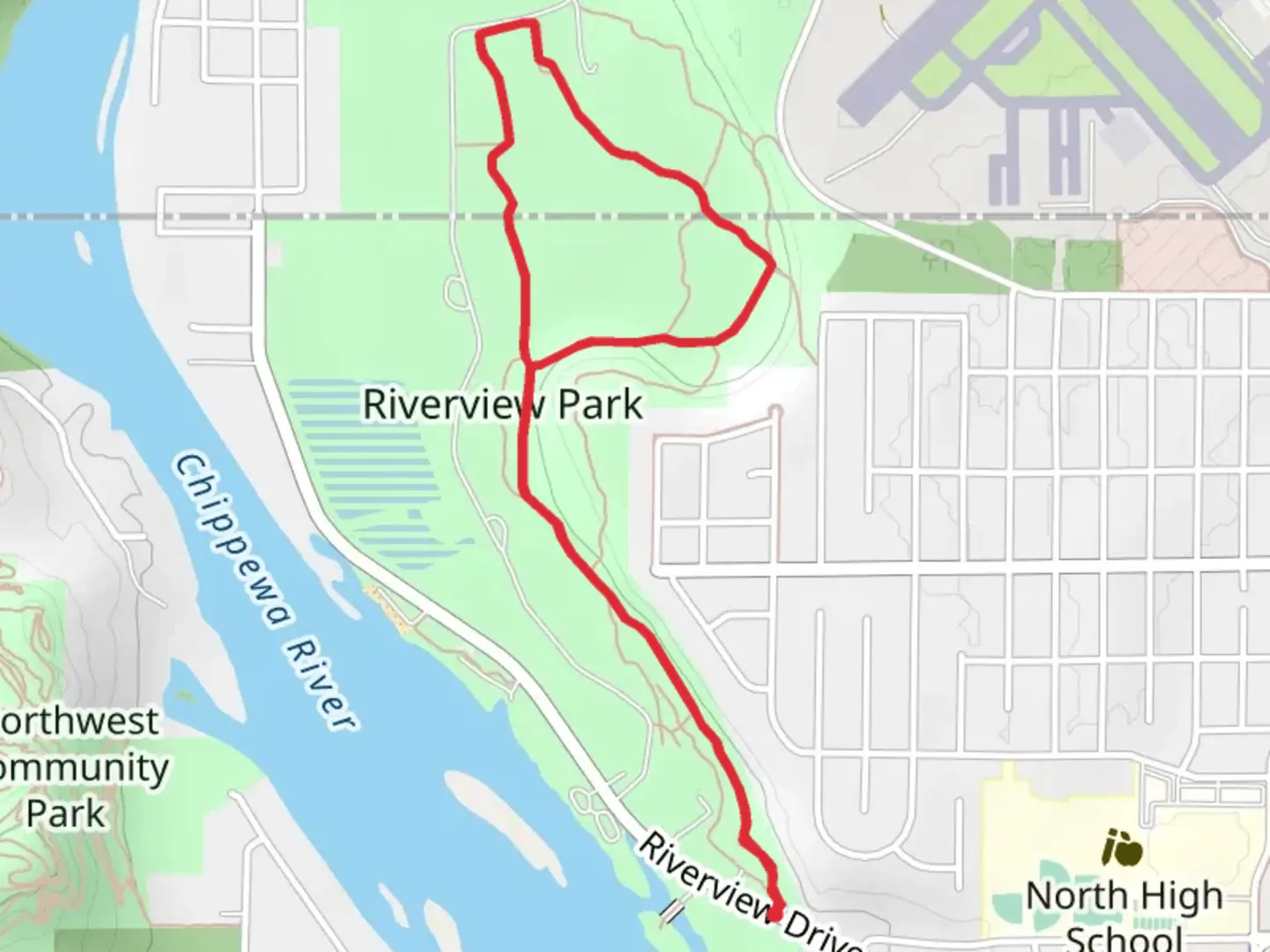 An image depicting the trail Riverview Park Loop and its surrounding area.