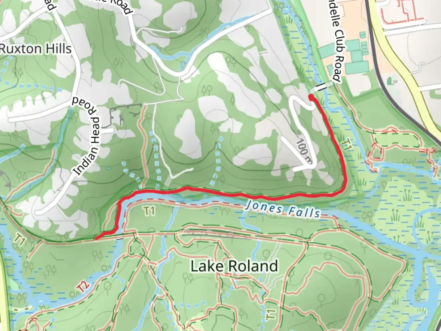 An image depicting the trail Blue Trail to Red Trail and its surrounding area.