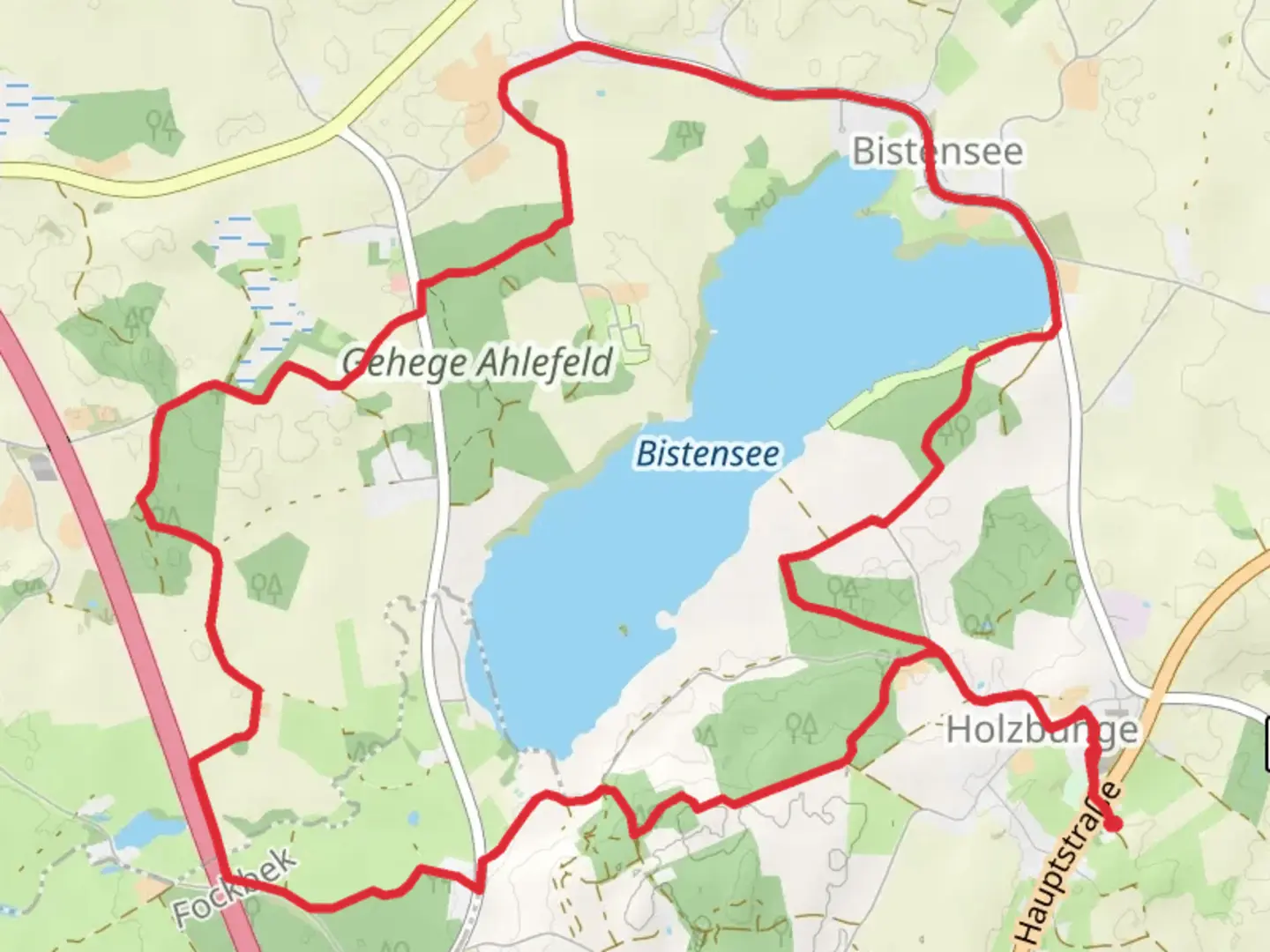An image depicting the trail Bistensee via Schütt Ausbau and its surrounding area.