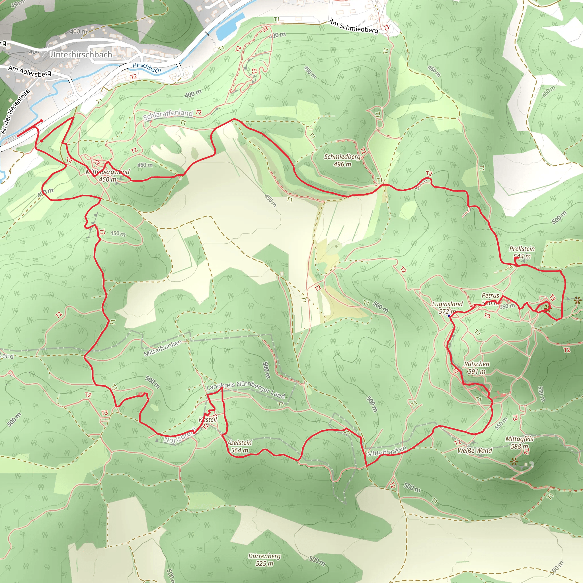 Noris Toert, Kastell and Prellstein via Francke-Kamin and Höhenglücksteig mobile static map