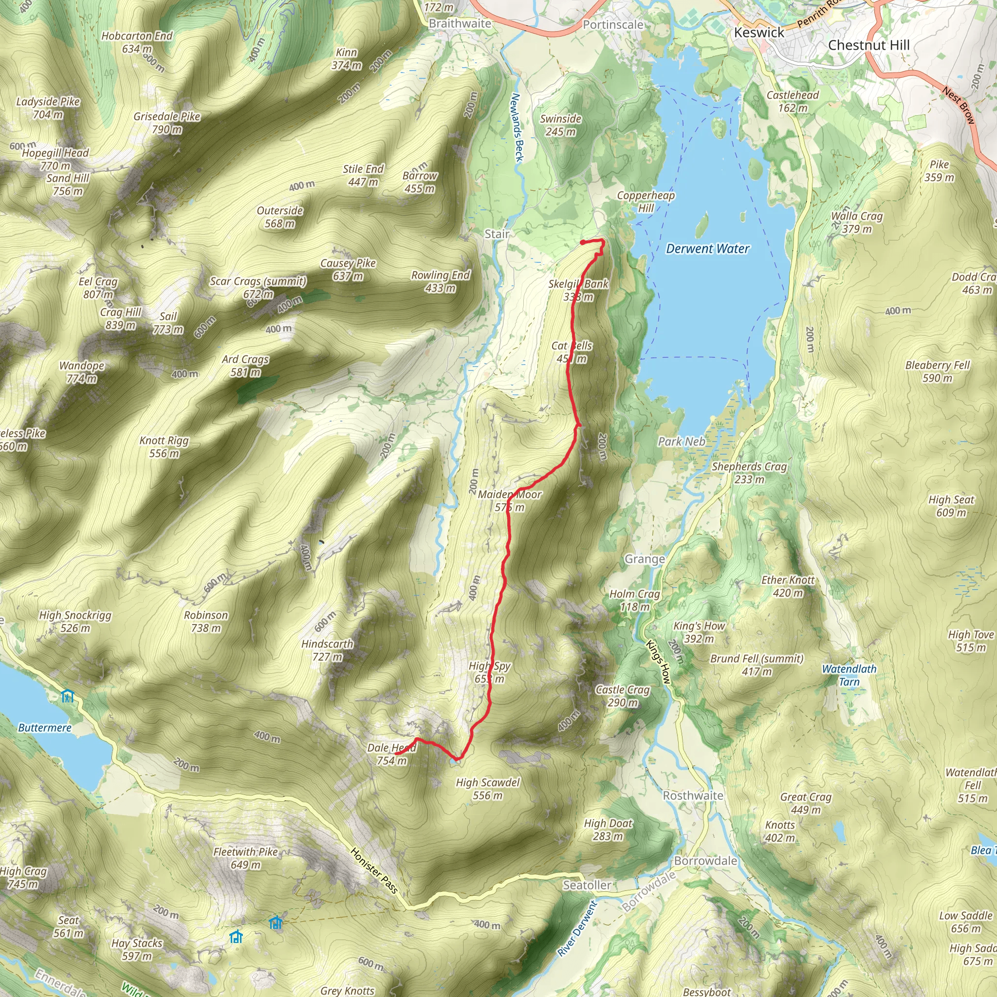 Dale Head Peak and Dalehead Tarn Walk via Cat Bells and Derwentwater mobile static map