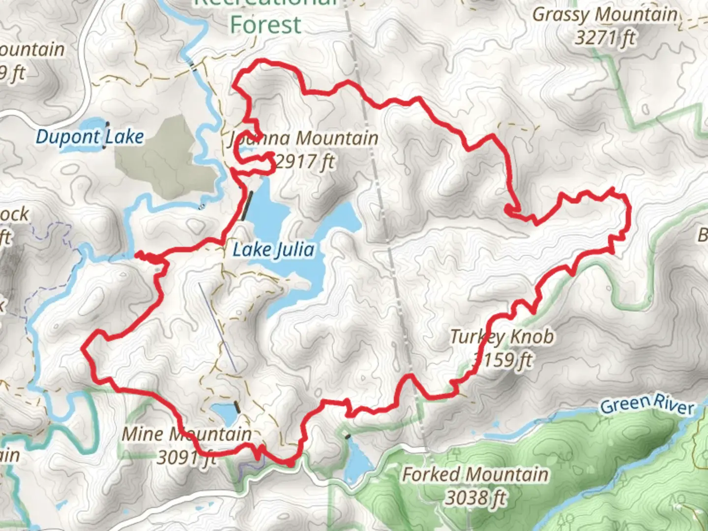 An image depicting the trail Reasonover Creek, Briery Fork, Lake Dense and Mine Mountain Loop Trail and its surrounding area.