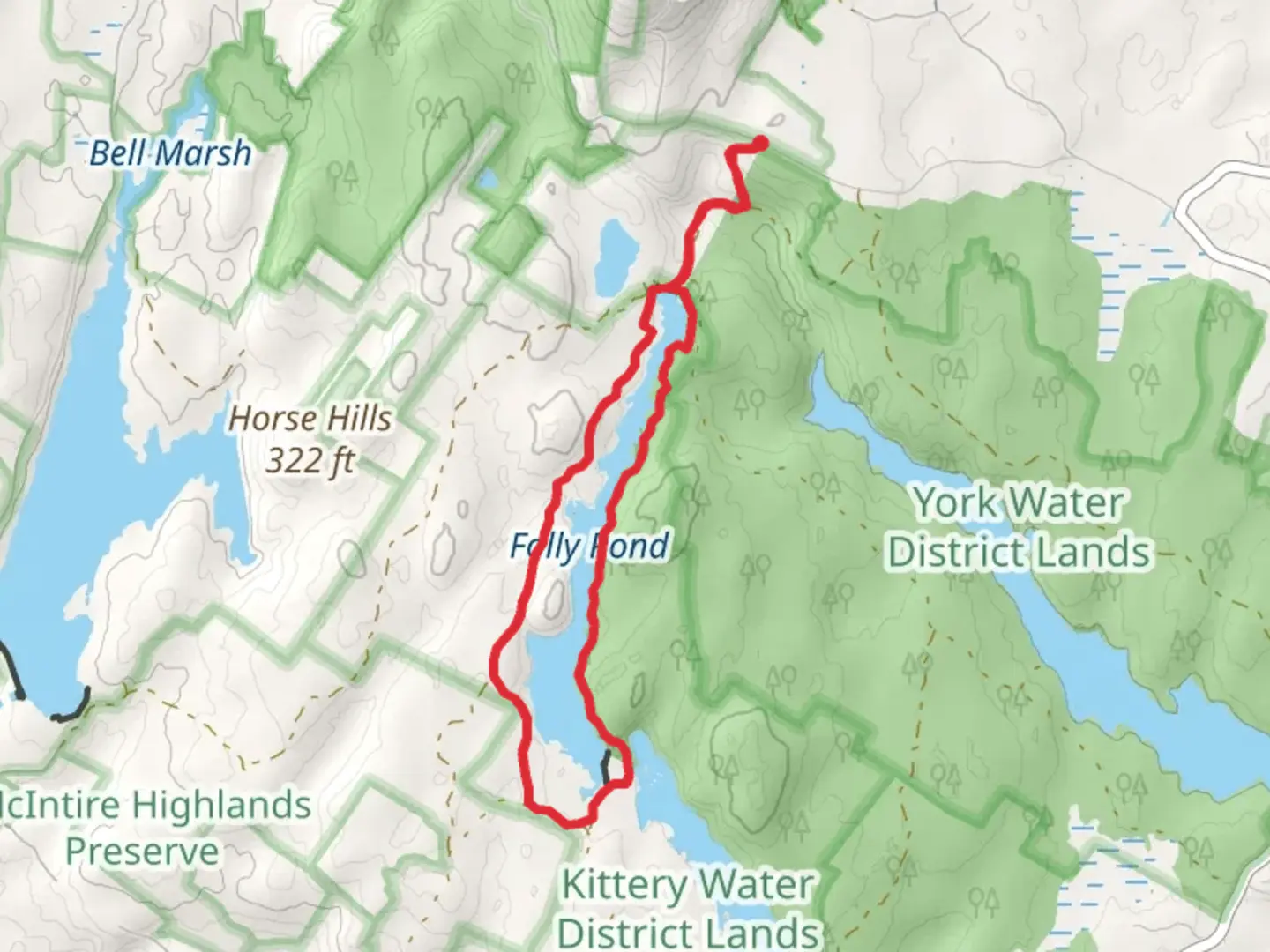 An image depicting the trail Folly Pond Loop and its surrounding area.