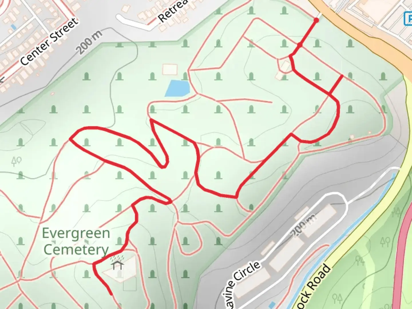 An image depicting the trail Evergreen Cemetery Walk and its surrounding area.
