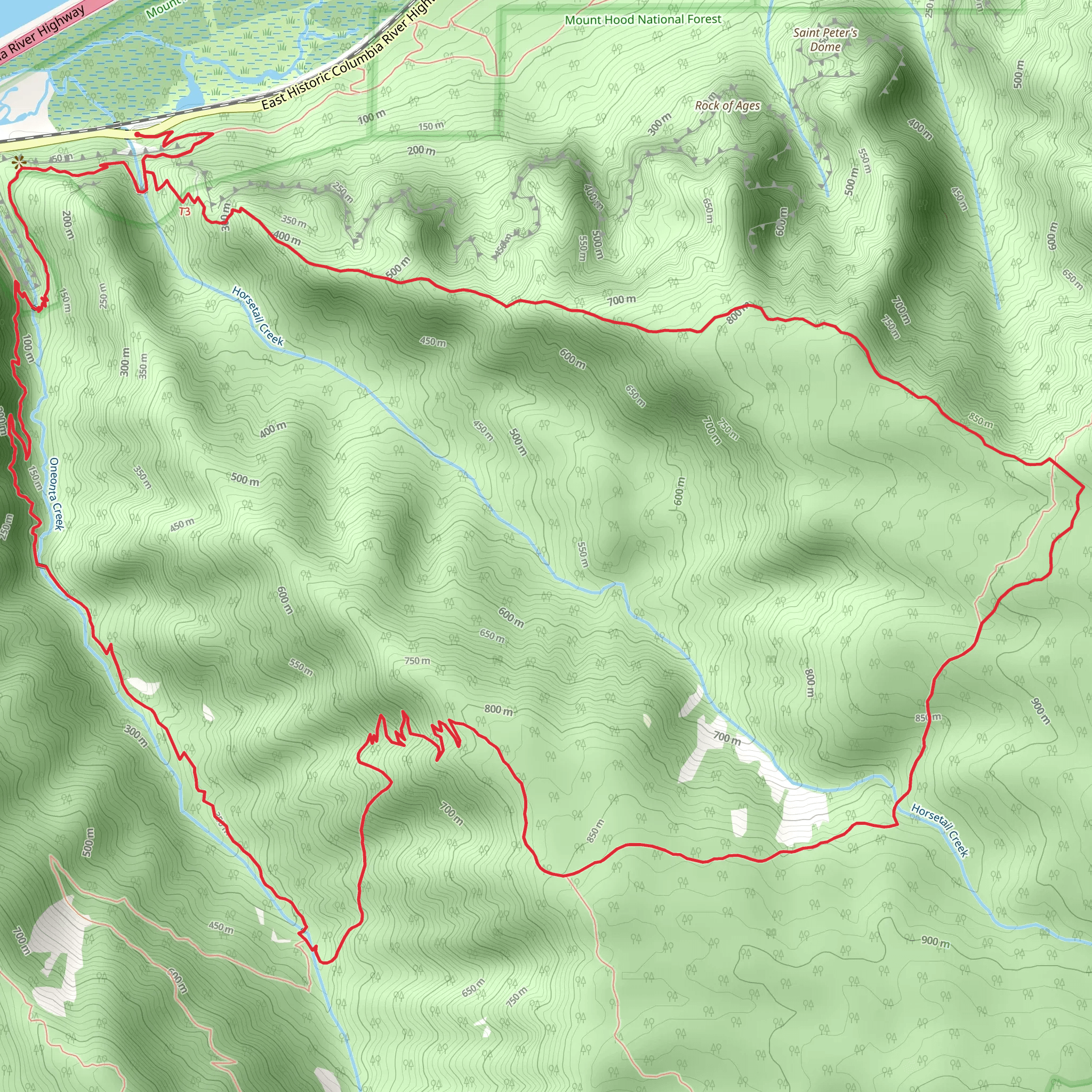Rock of Ages Trail-Horsetail Creek Trail-Oneonta Trail Loop mobile static map