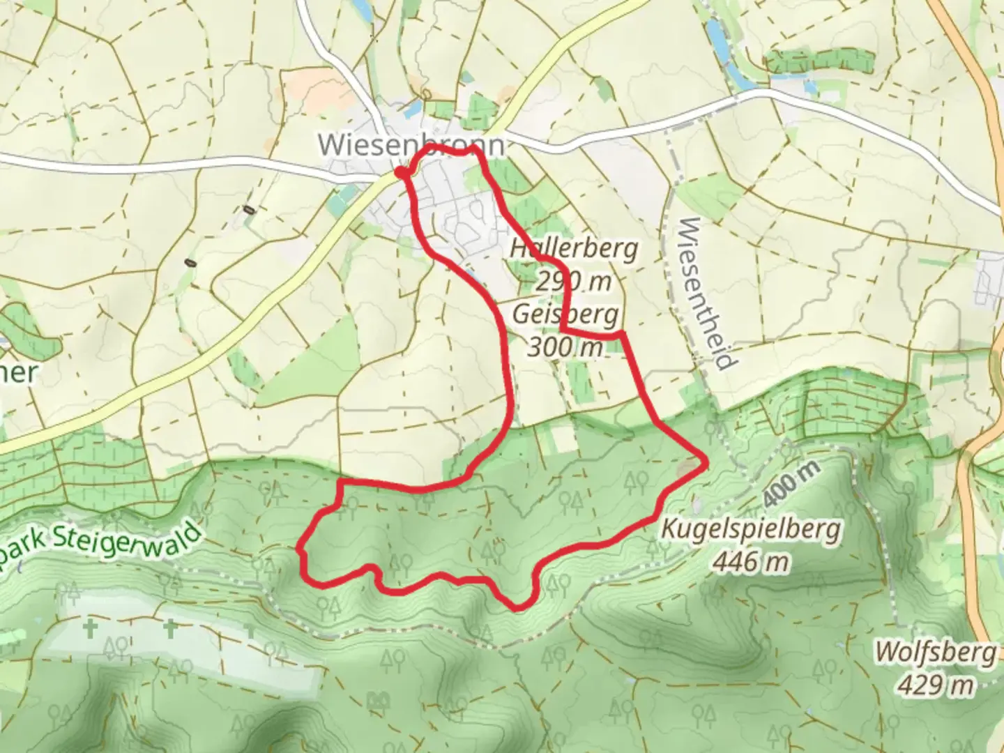 An image depicting the trail W1 and W2 Loop and its surrounding area.