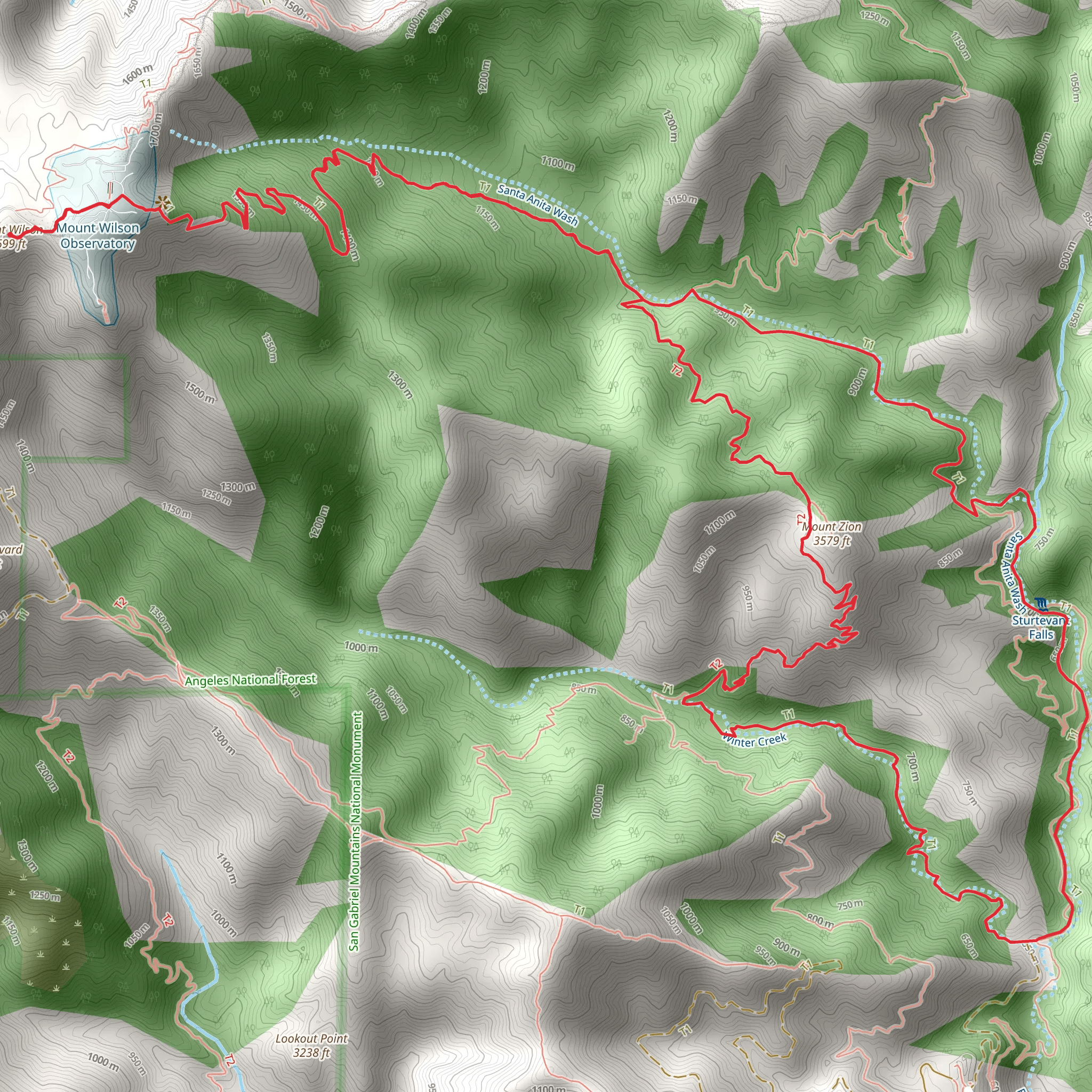 Gabrielino Trail and Lower Winter Creek Trail Loop mobile static map
