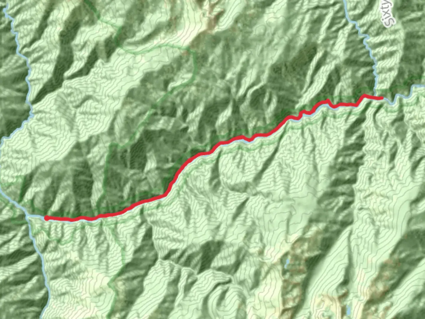 An image depicting the trail Selway River Trail from Selway Road and its surrounding area.