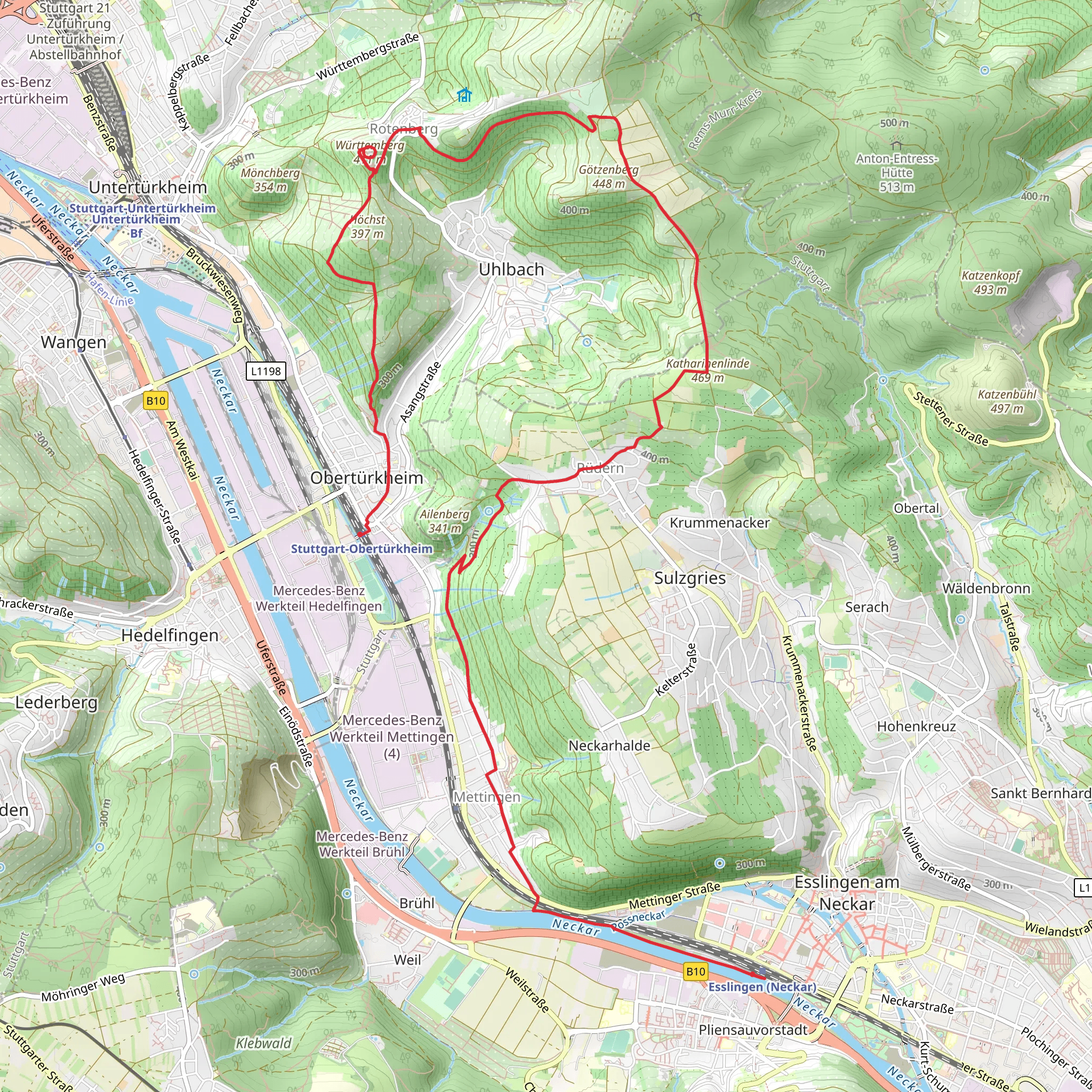 Esslingen to Stuttgart-Obertuerkheim via Blasiusweg and Häldes mobile static map