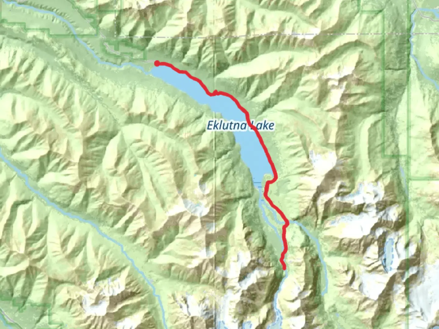 An image depicting the trail Eklutna Lakeside Trail and its surrounding area.