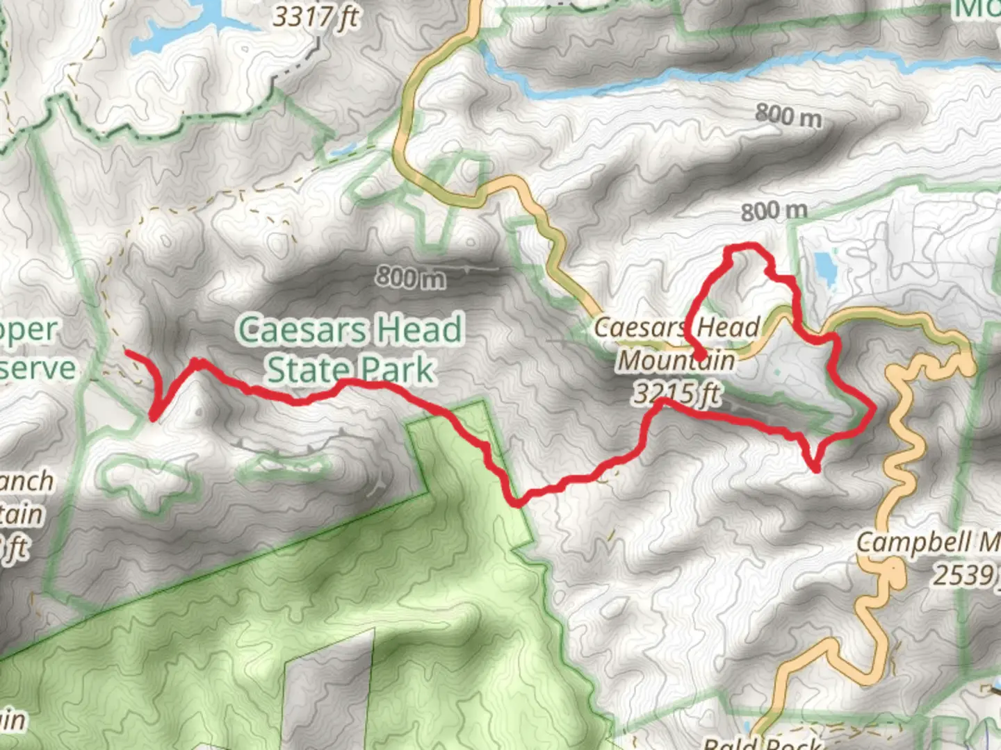 An image depicting the trail Naturaland Trust Trail from Caesars Head Mountain and its surrounding area.