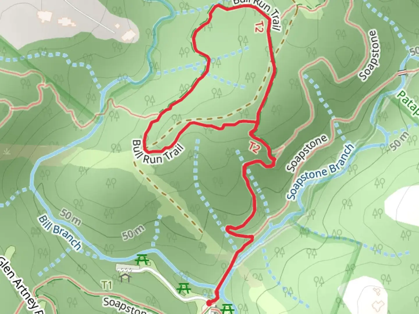 An image depicting the trail Bull Run Loop Trail and its surrounding area.
