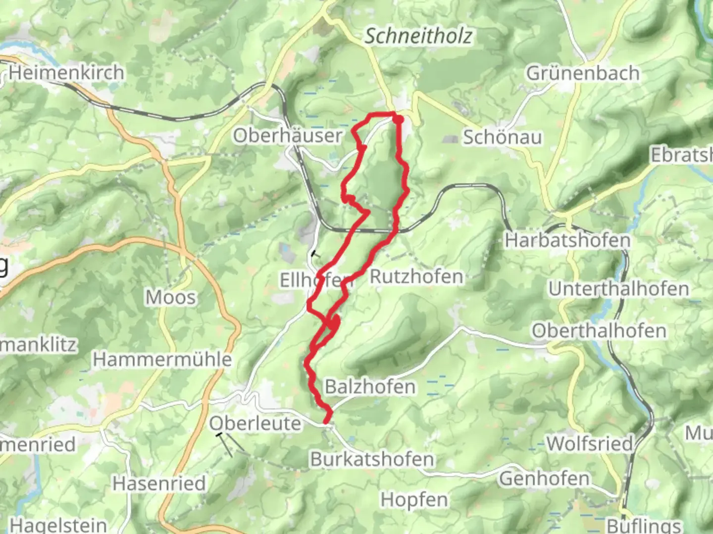 An image depicting the trail Jakobsweg Wegweiser and Ellhofner via Tobelbach and its surrounding area.