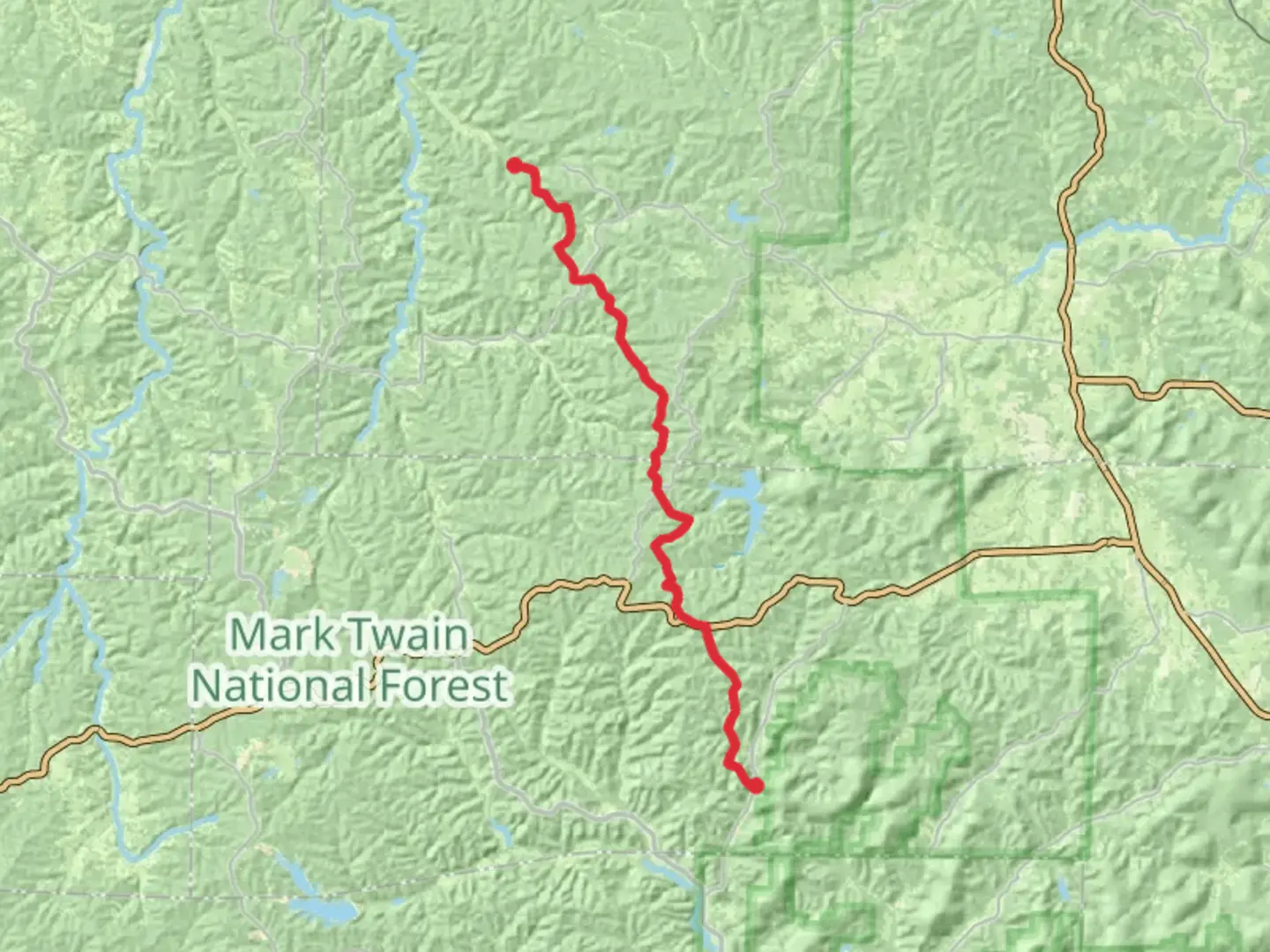 An image depicting the trail Ozark Trail - Trace Creek Section - Long and its surrounding area.