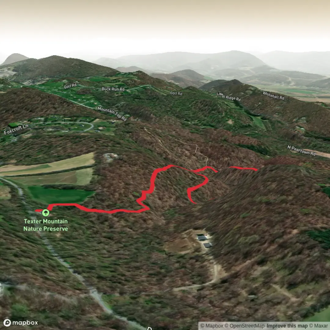 An image depicting the trail Texter Mountain Nature Preserve Loop and its surrounding area.