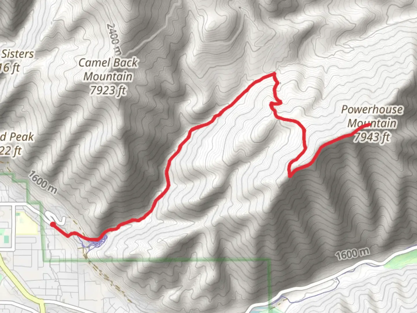An image depicting the trail Powerhouse Mountain via Spring Canyon Trail and its surrounding area.