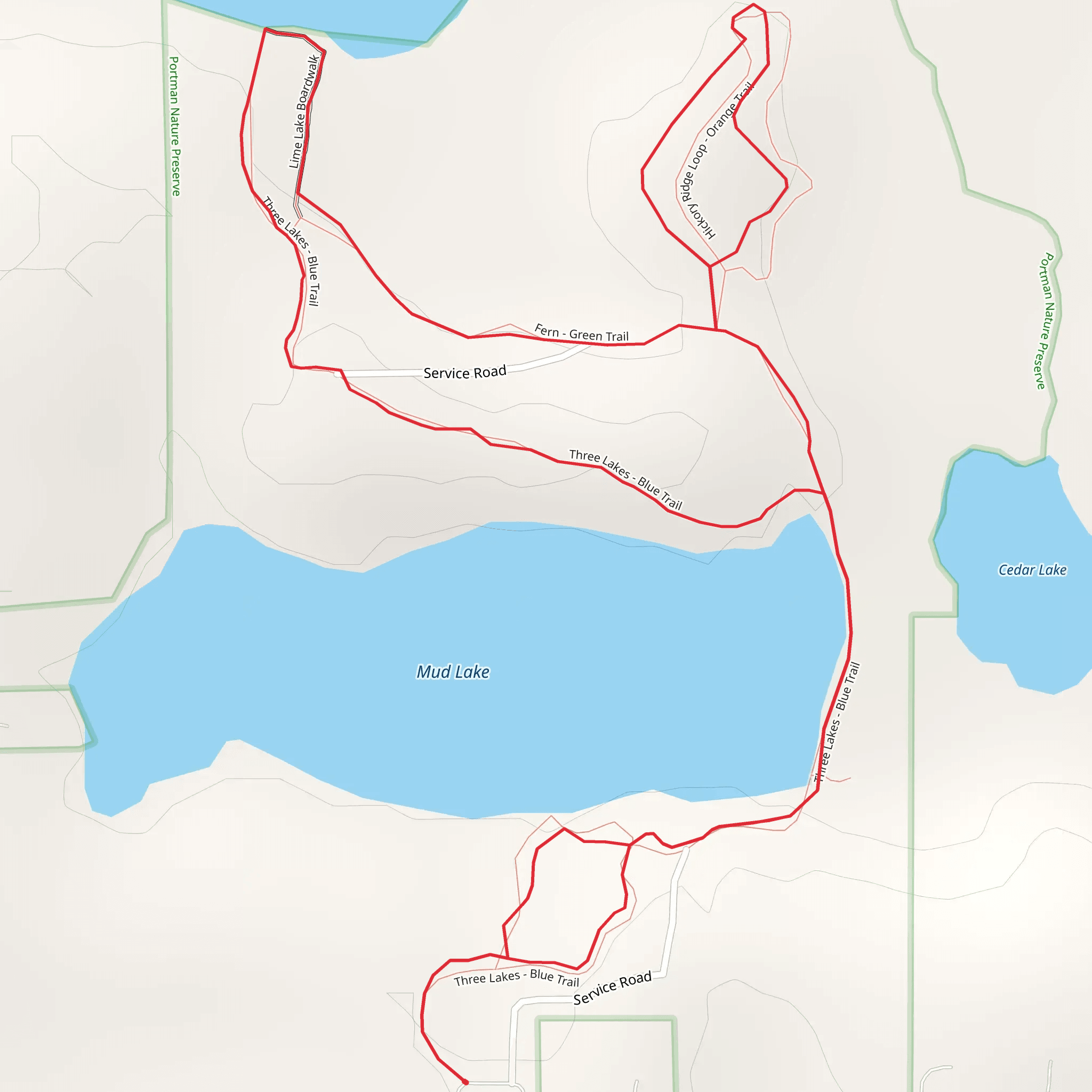 Three Lakes - Blue Trail and Fern - Green Trail mobile static map