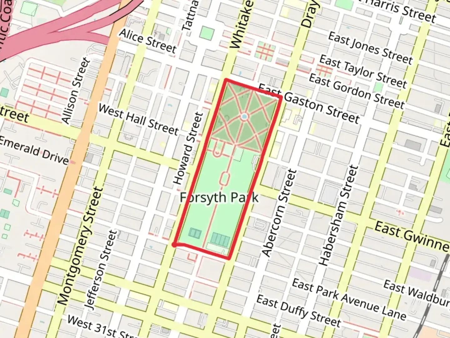 An image depicting the trail Forsyth Park Loop and its surrounding area.