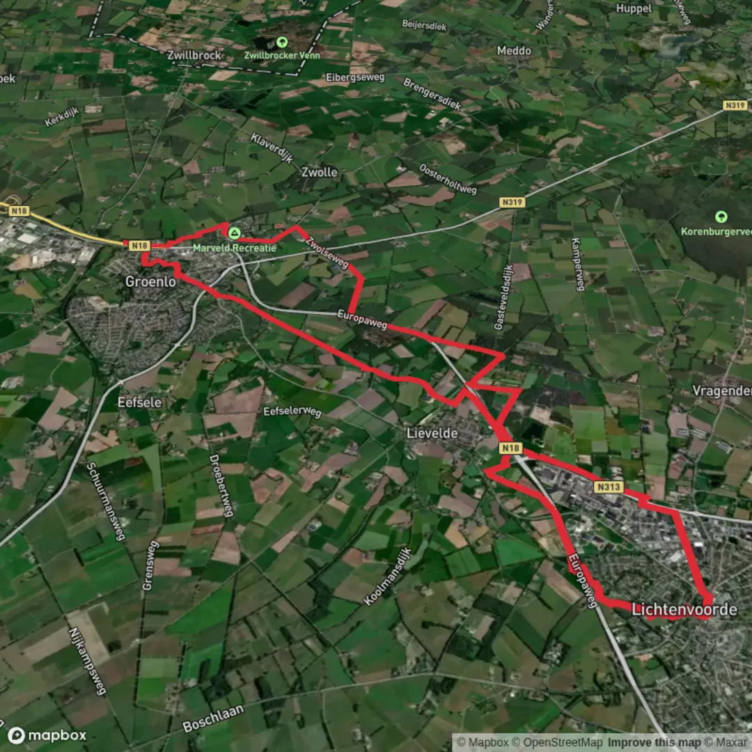 An image depicting the trail Europa Weg and Eefsele Wandeling and scholtenpad Loop and its surrounding area.