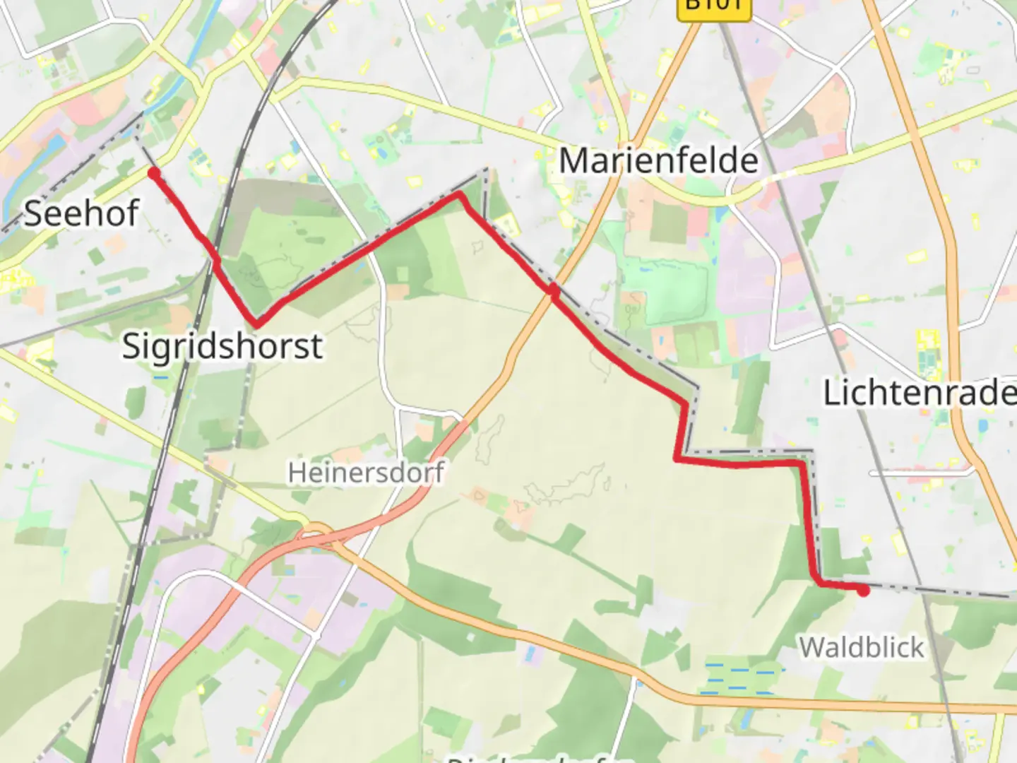 An image depicting the trail Waldblick to Lichterfelde Sued via Teltower Doerferweg and its surrounding area.