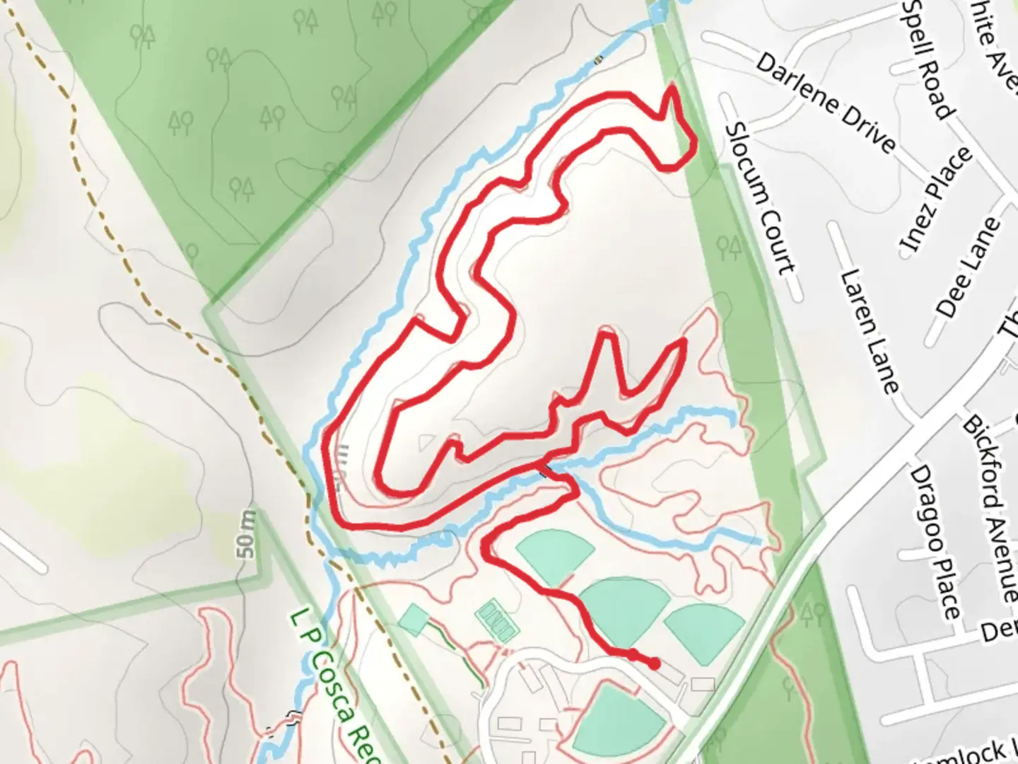 An image depicting the trail Purple Trail and Connector Loop Trail and its surrounding area.