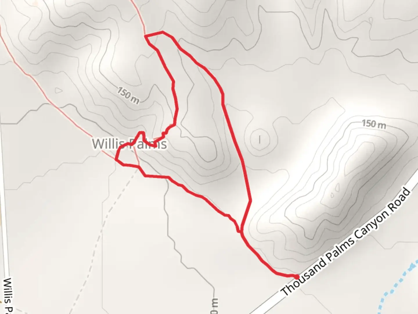 An image depicting the trail Willis Palms Loop from Thousand Palms Canyon Road and its surrounding area.