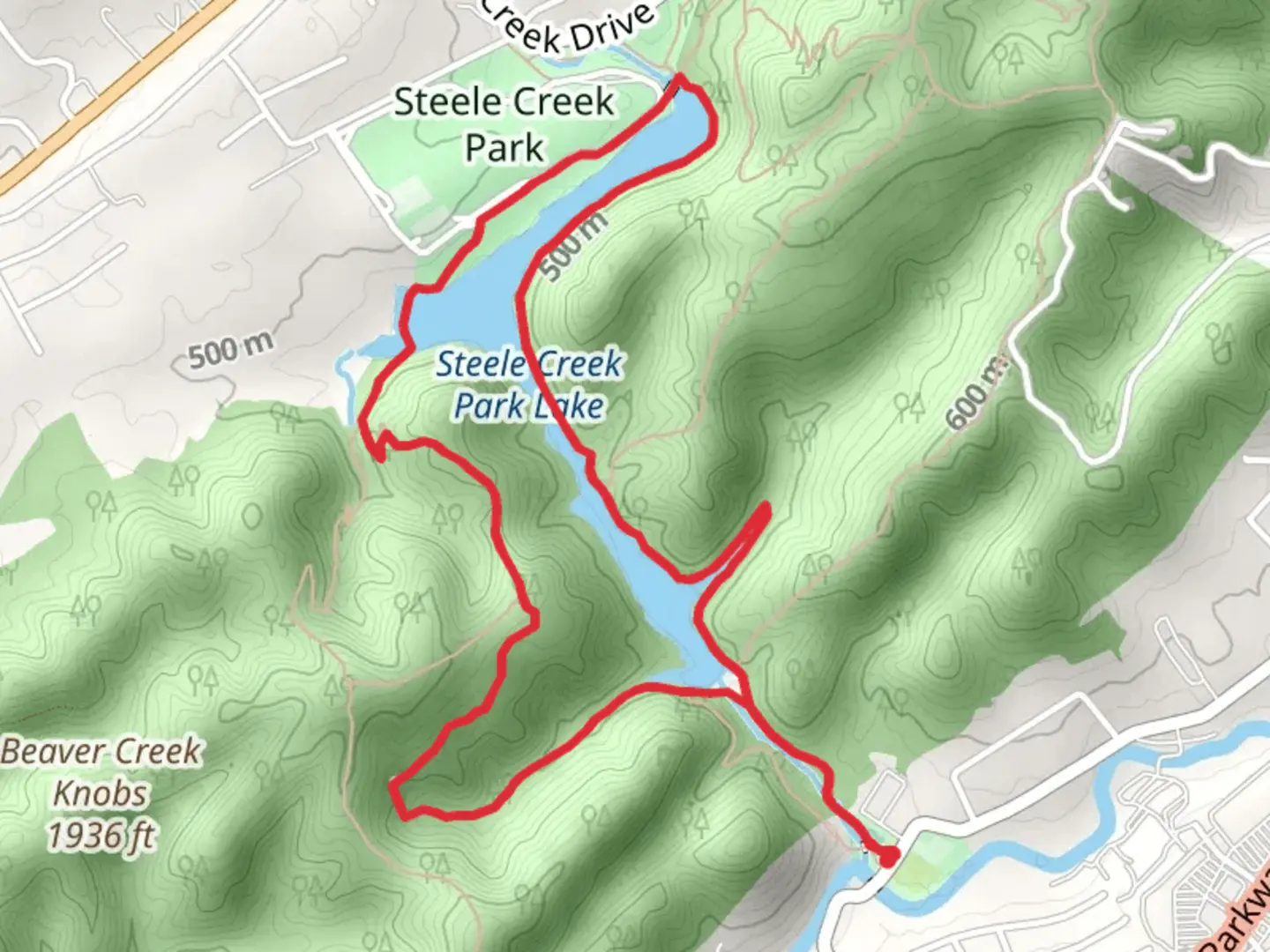 An image depicting the trail Steele Creek Park Lake Loop and its surrounding area.