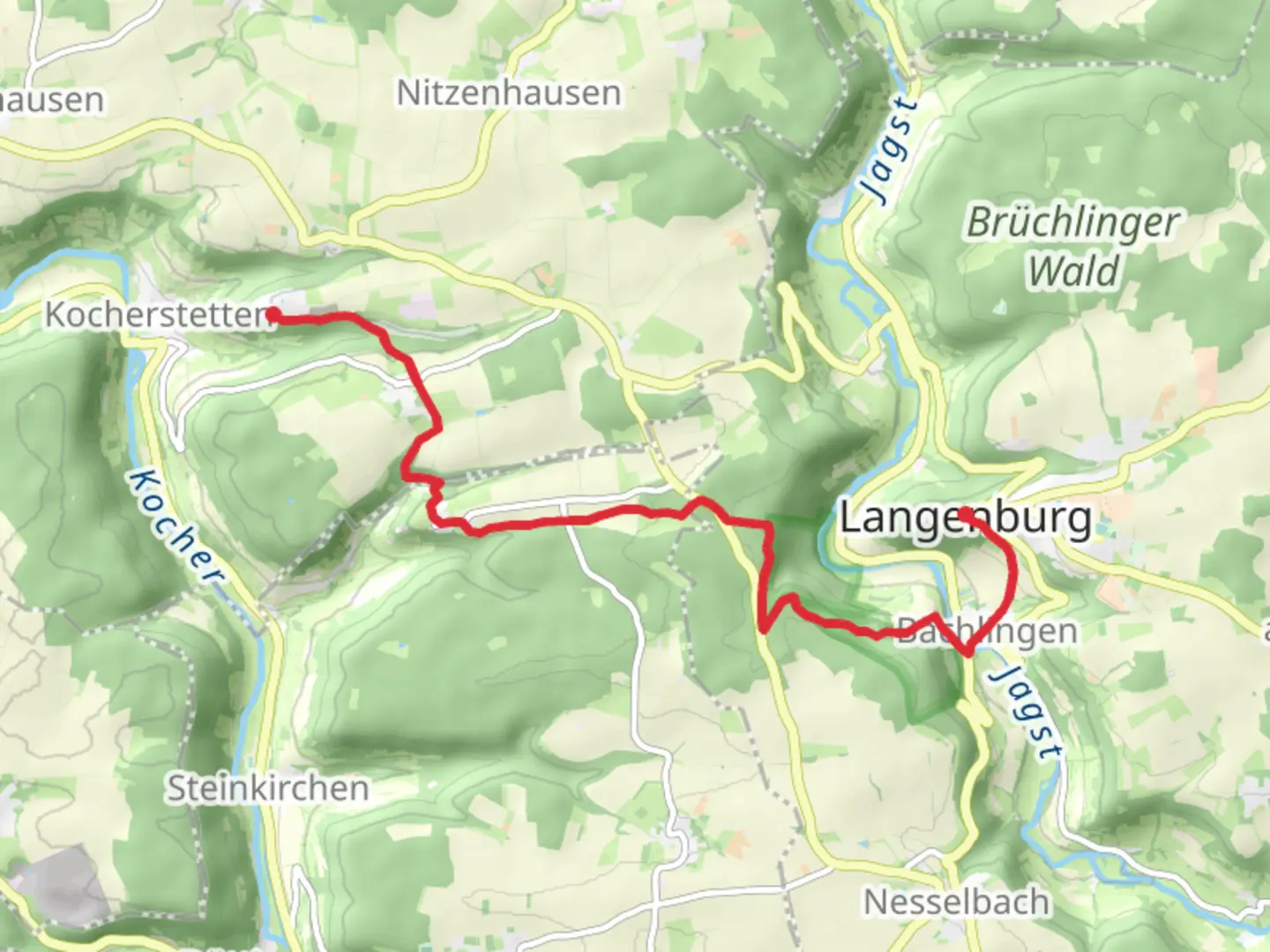 An image depicting the trail Langenburg to Schloss Stetten via Querlinie Langenburg and its surrounding area.