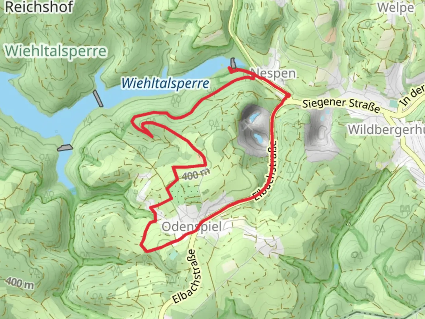 An image depicting the trail G Jaeger Steinbruchbetriebe, Odenspiel and Krombacher Insel Loop and its surrounding area.
