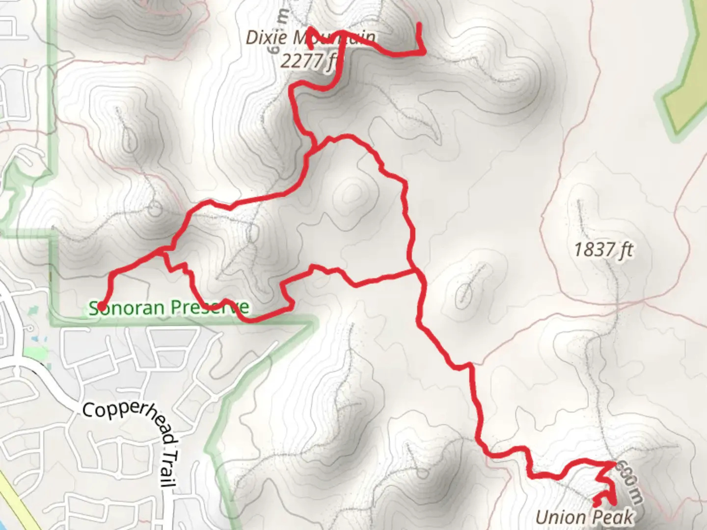 An image depicting the trail Desert Tortoise, Union Peak and Dixie Mountain Loop Trail and its surrounding area.