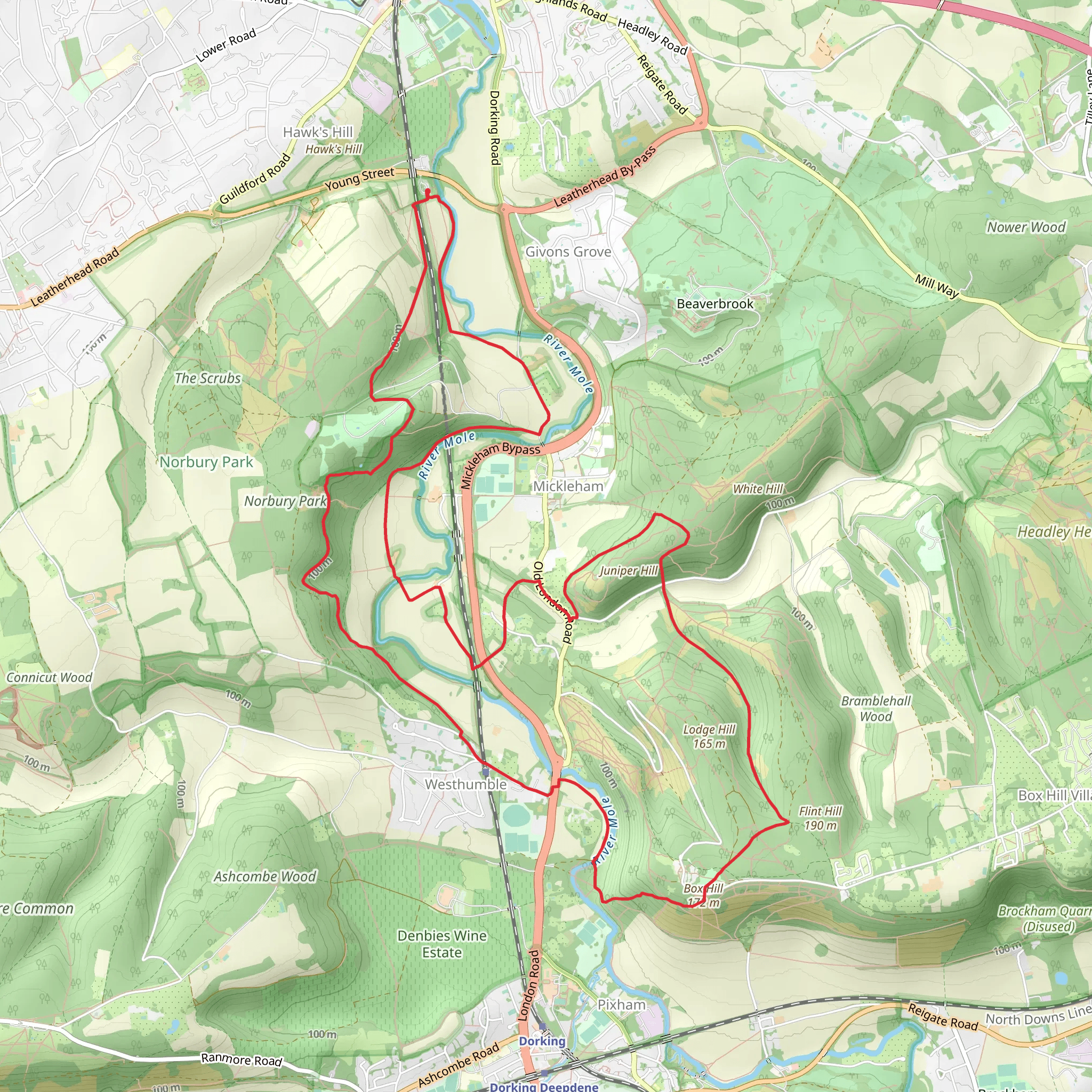 Box Hill Country Park and Norbury Park via Mole Gap Trail mobile static map