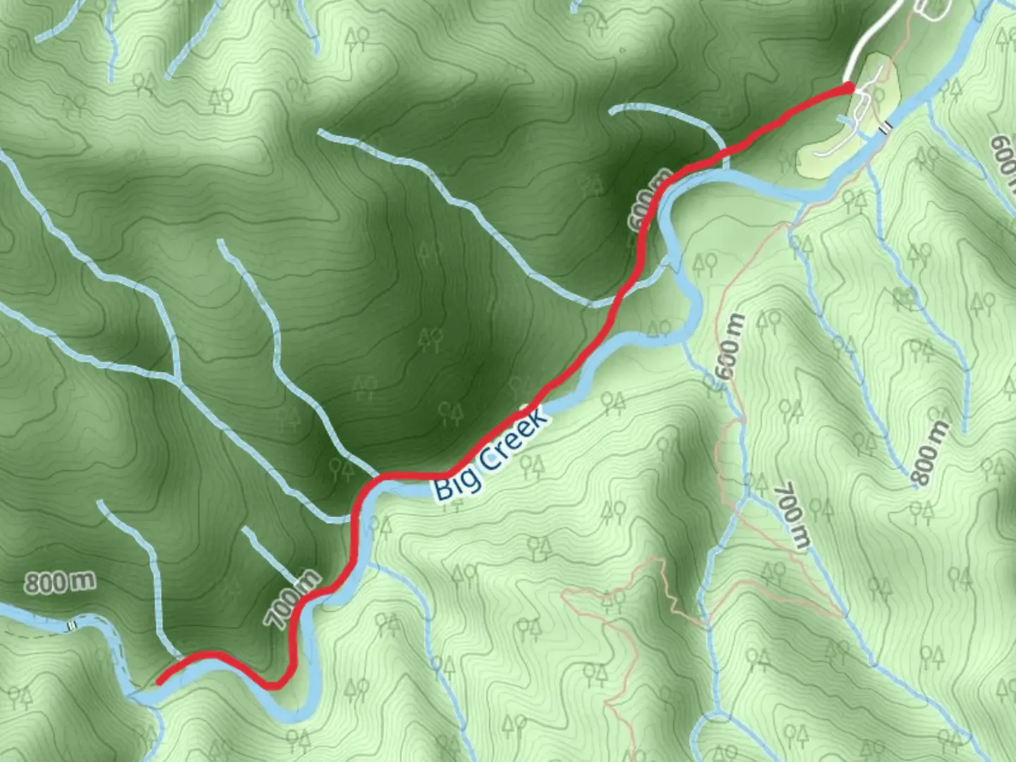 An image depicting the trail Big Creek Trail from Big Creek Entrance Road and its surrounding area.