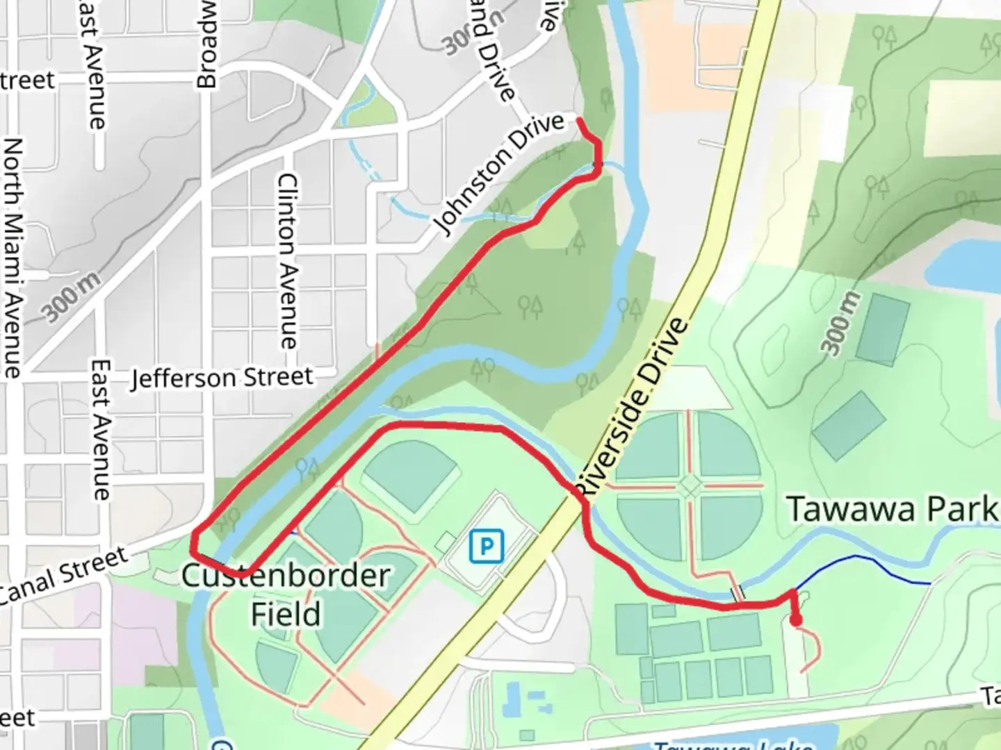An image depicting the trail Walk along Great Miami River from Tawawa Lake and its surrounding area.