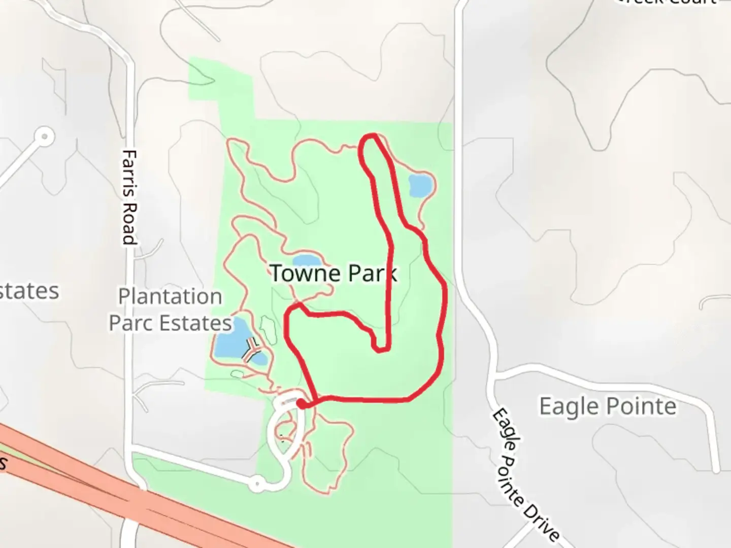 An image depicting the trail Towne Park Loop and its surrounding area.