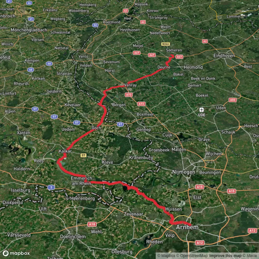 An image depicting the trail Arnhem to Asten via Kleine Pley, Bijlandseweg and Wezerweg and its surrounding area.