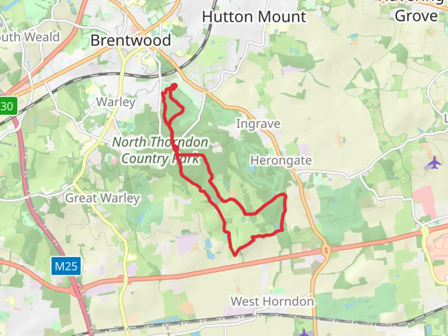 An image depicting the trail Hartswood, Childerditch Wood and Old Hall Pond Loop and its surrounding area.