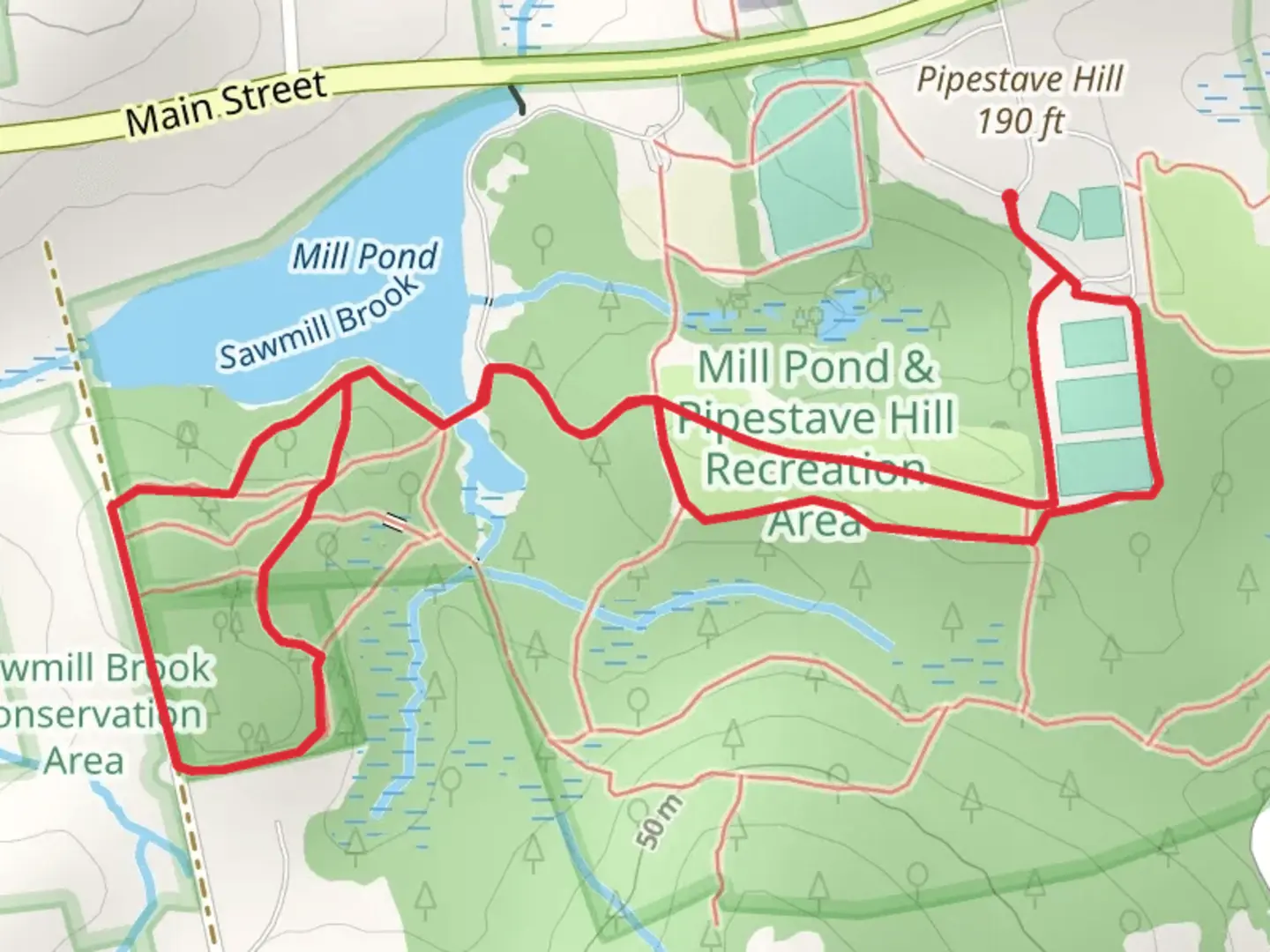 An image depicting the trail Pipestave Hill - Mill Pond Loop and its surrounding area.