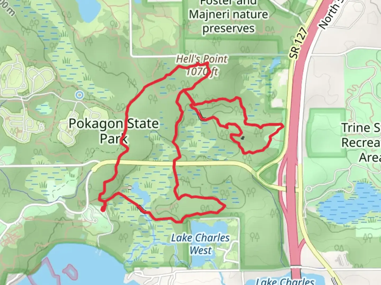 An image depicting the trail Hell's Point Challenge Loop and its surrounding area.