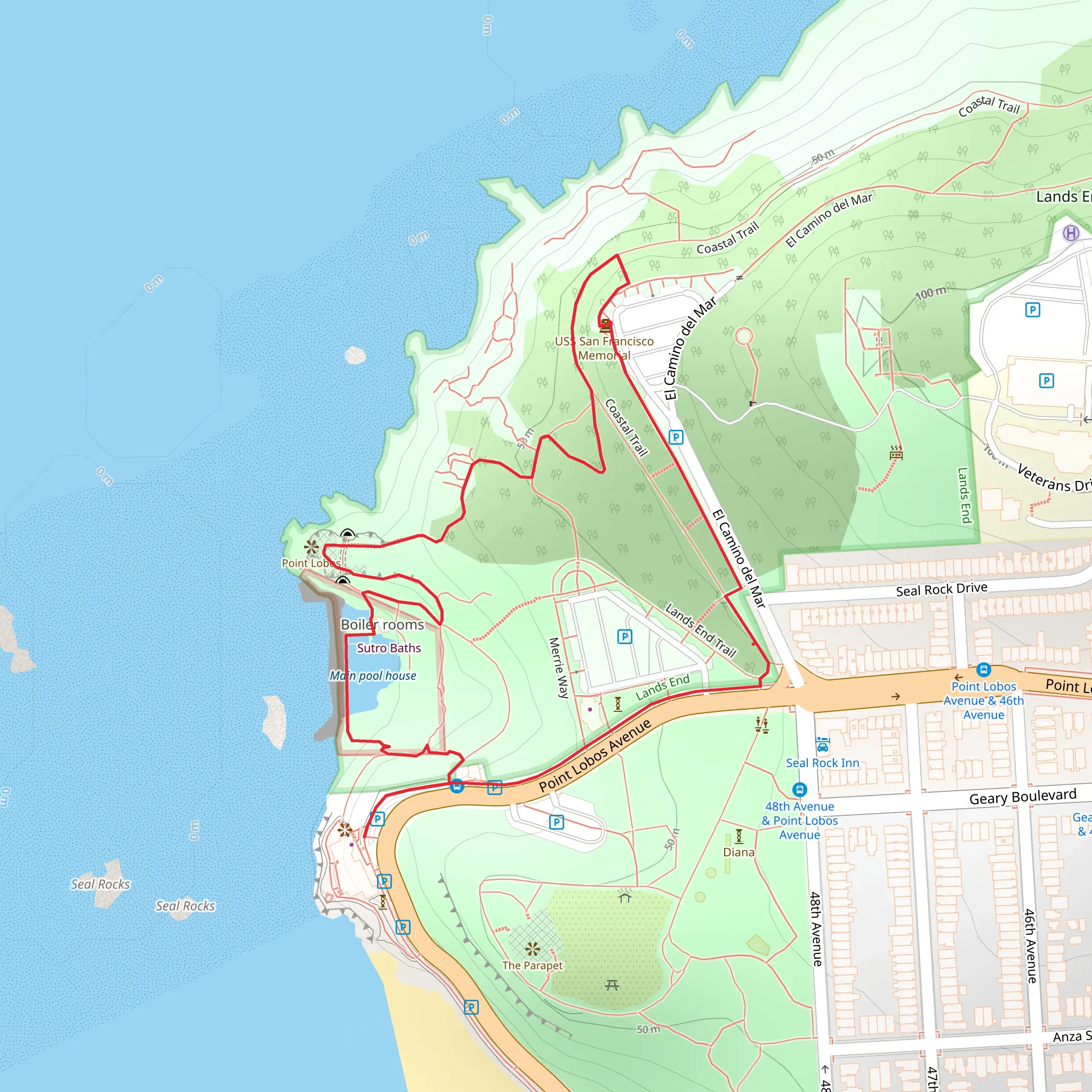 California Coastal and Sutro Baths Upper Loop Trail mobile static map