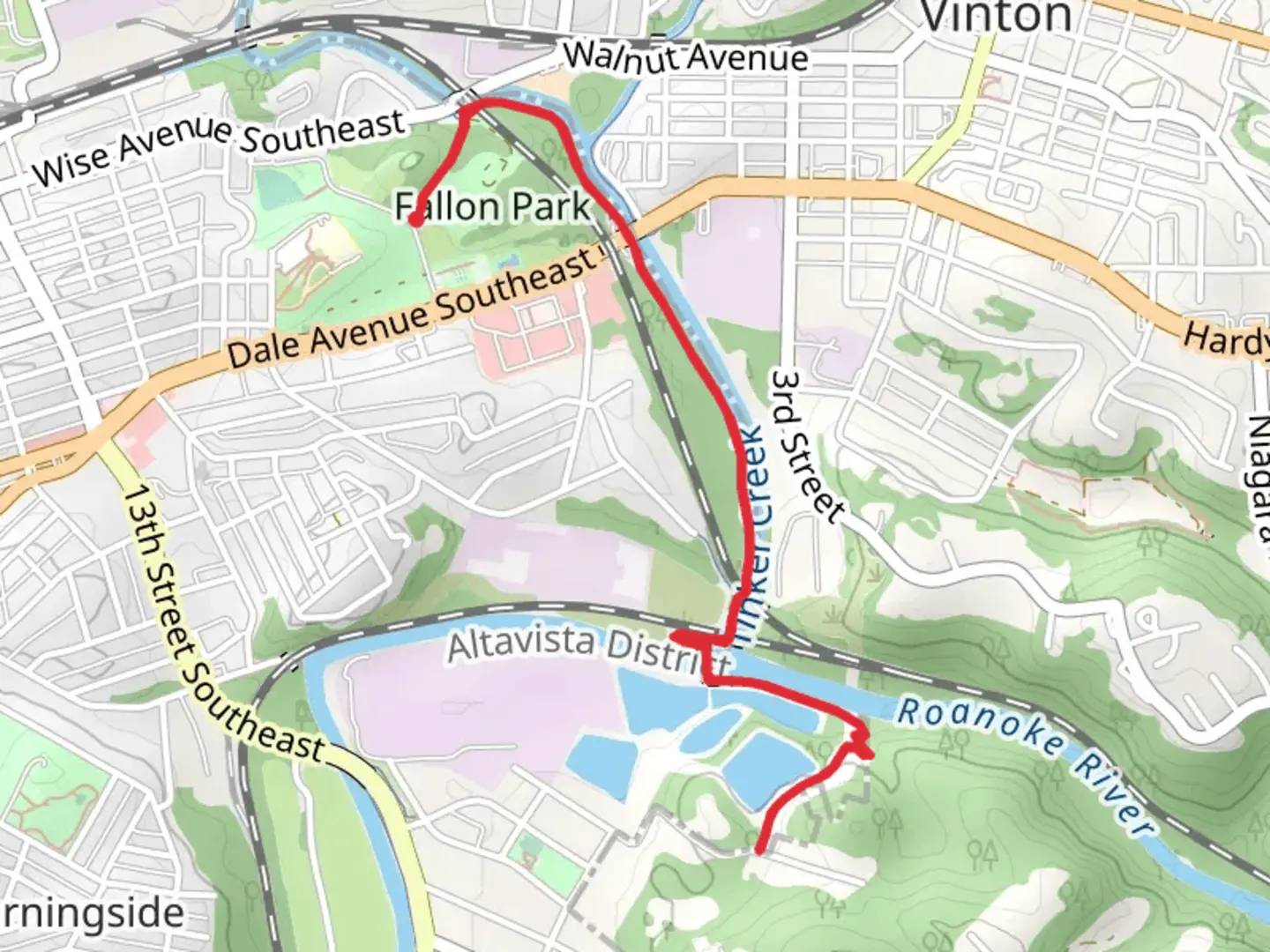 An image depicting the trail Tinker Creek Greenway Trail - Fallon Park and its surrounding area.
