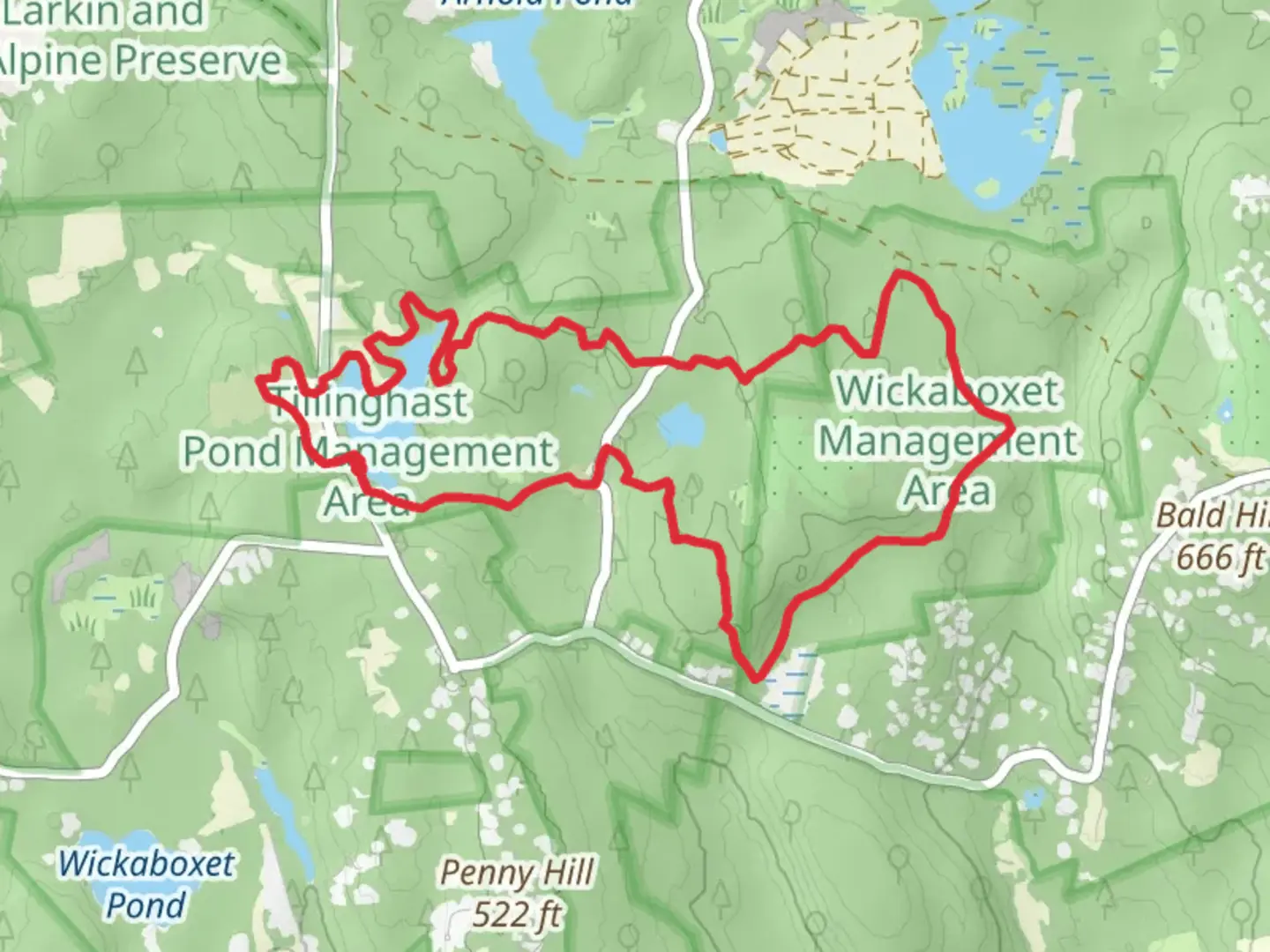 An image depicting the trail Tillinghast Pond Trail and Wickaboxet Loop Trail and its surrounding area.