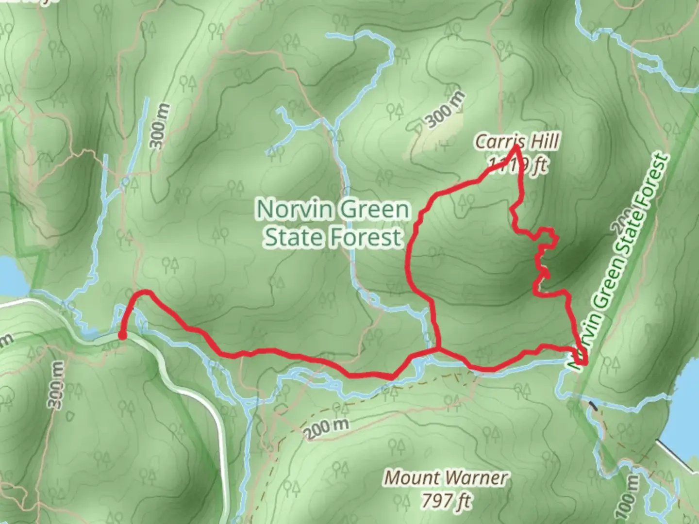 An image depicting the trail Hewitt - Butler - Carris Hill Loop Trail and its surrounding area.