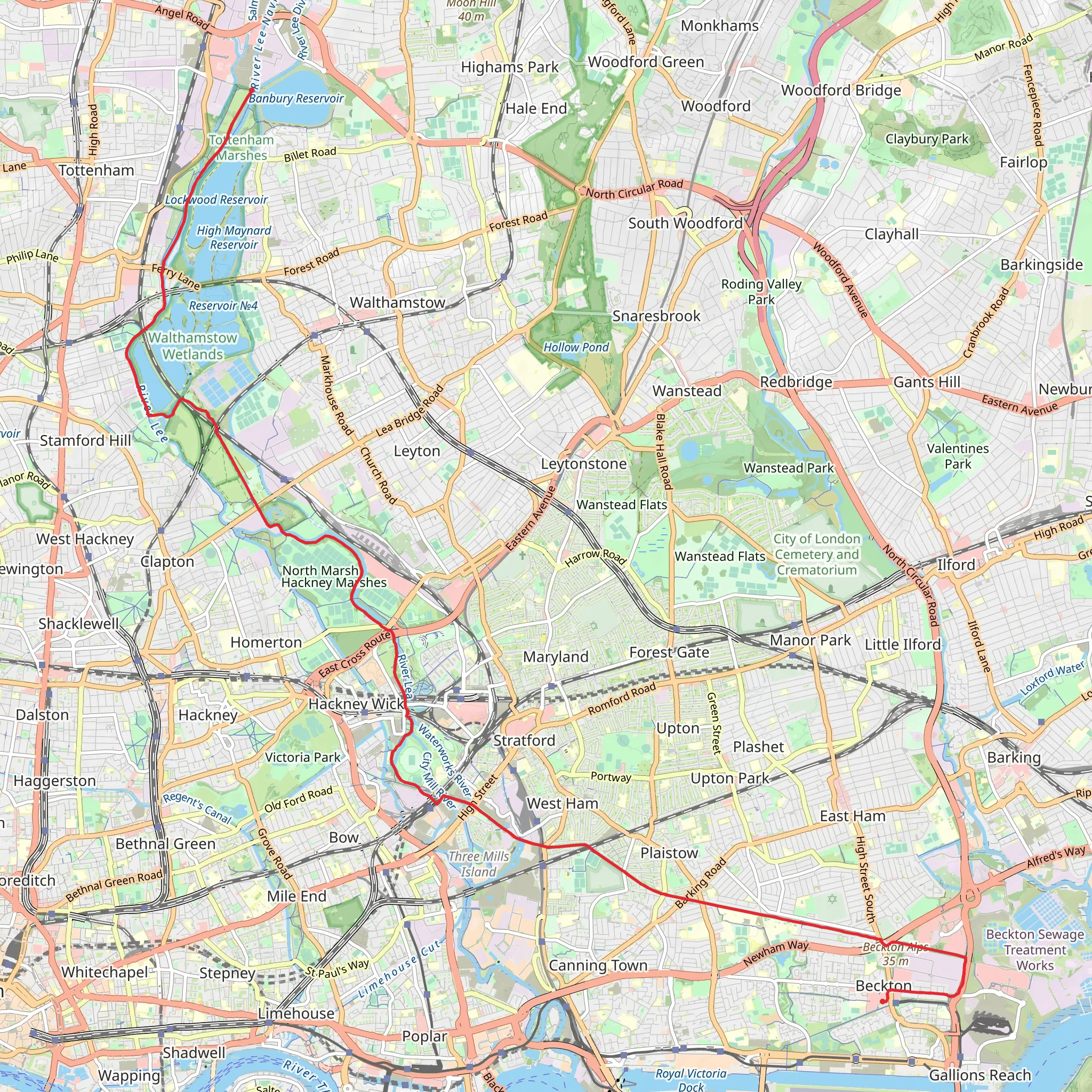 West Warwick Reservoir, Tottenham Marshes via The Greenway mobile static map