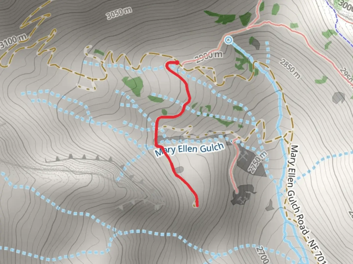 An image depicting the trail Mary Ellen Gulch and its surrounding area.