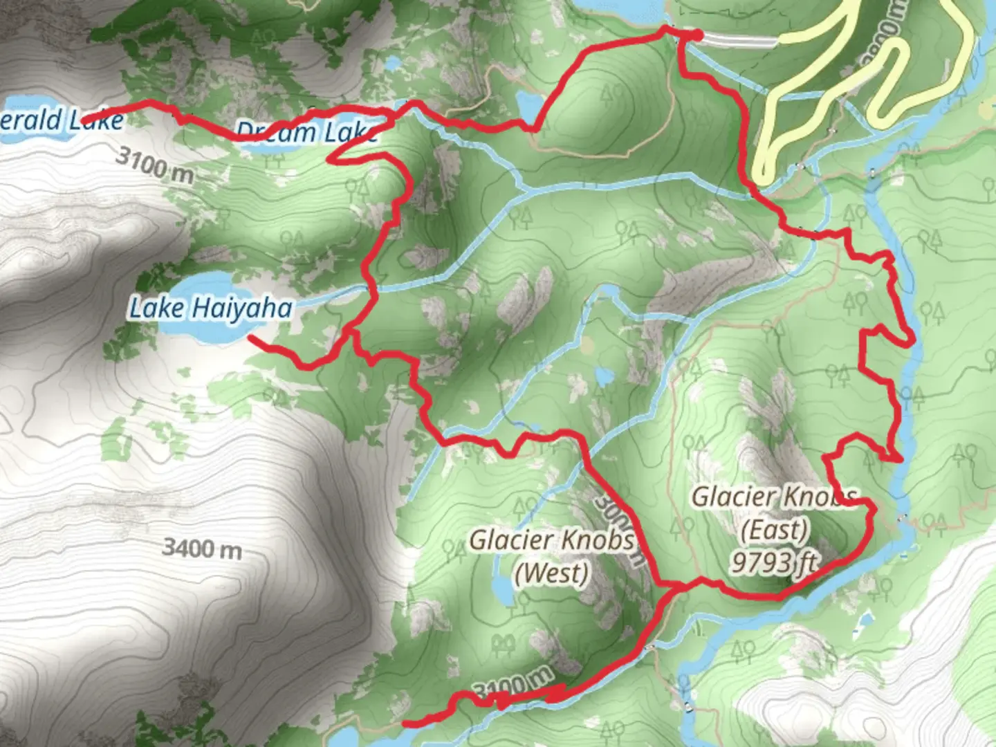An image depicting the trail Emerald Lake, Lake Haiyaha and The Loch Loop and its surrounding area.